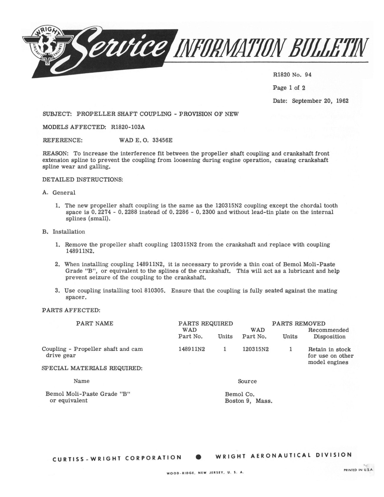 Sample page 1 from AirCorps Library document: Provision of New Propeller Shaft Coupling