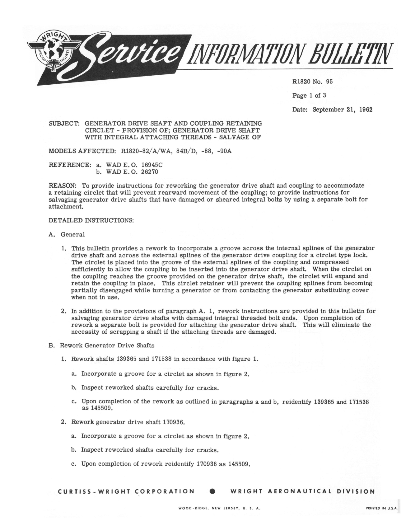 Sample page 1 from AirCorps Library document: Salvage of Generator Drive Shaft and Coupling Retaining Circlet