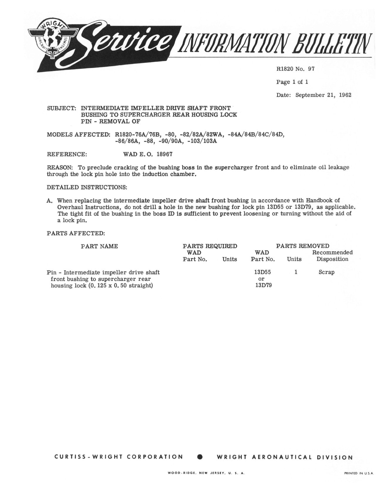 Sample page 1 from AirCorps Library document: Rem. of Inter. Impeller Drive Shaft Fr. Bushing to SprChgr Rear Housing Lock Pin