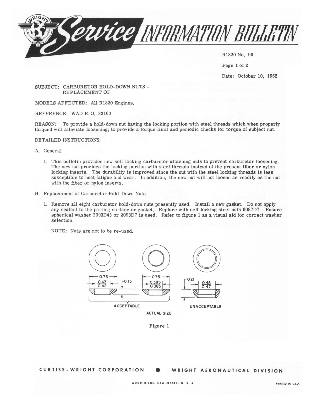 Sample page 1 from AirCorps Library document: Replacement of Carburetor Hold-Down Nuts