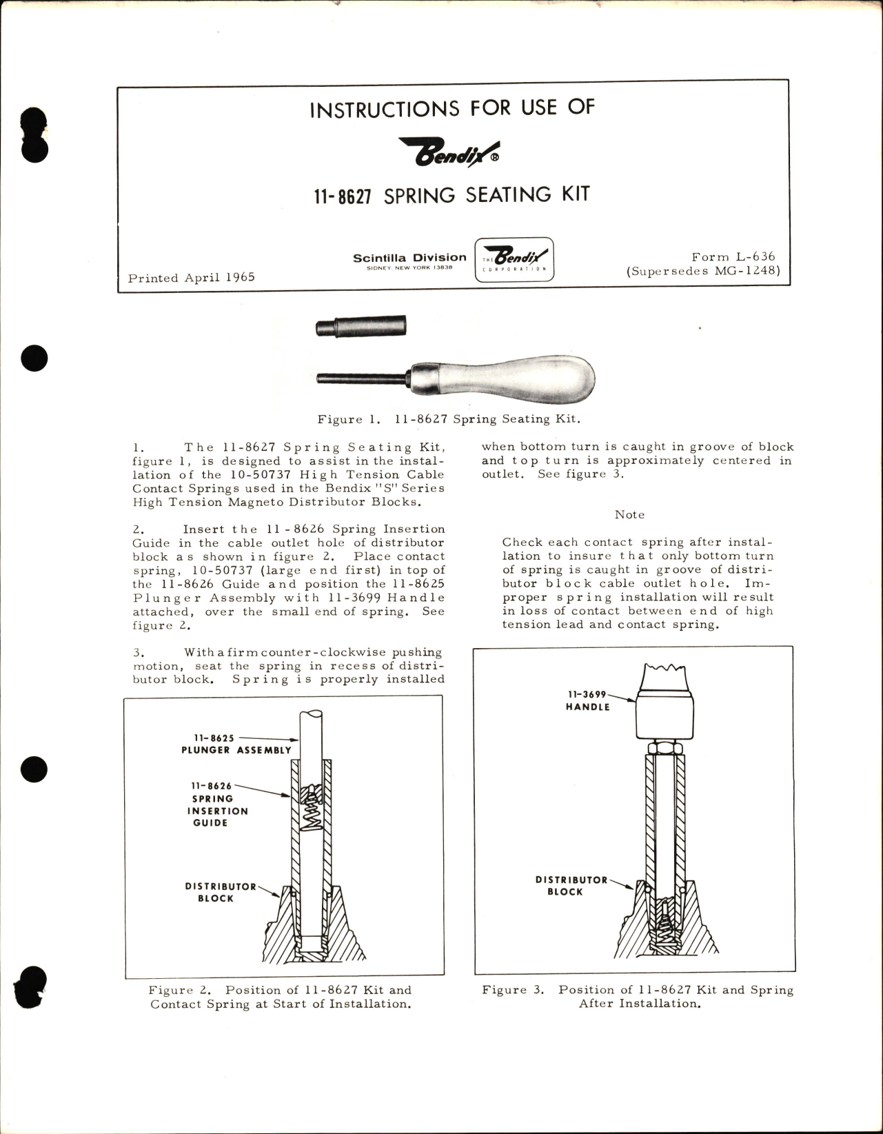 Sample page 1 from AirCorps Library document: Instructions for use of Bendix 11-8627 Spring Seating Kit