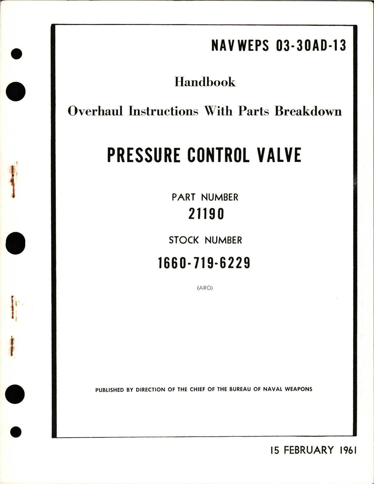 Sample page 1 from AirCorps Library document: Overhaul Instructions with Parts Breakdown for Pressure Control Valve - Part 21190