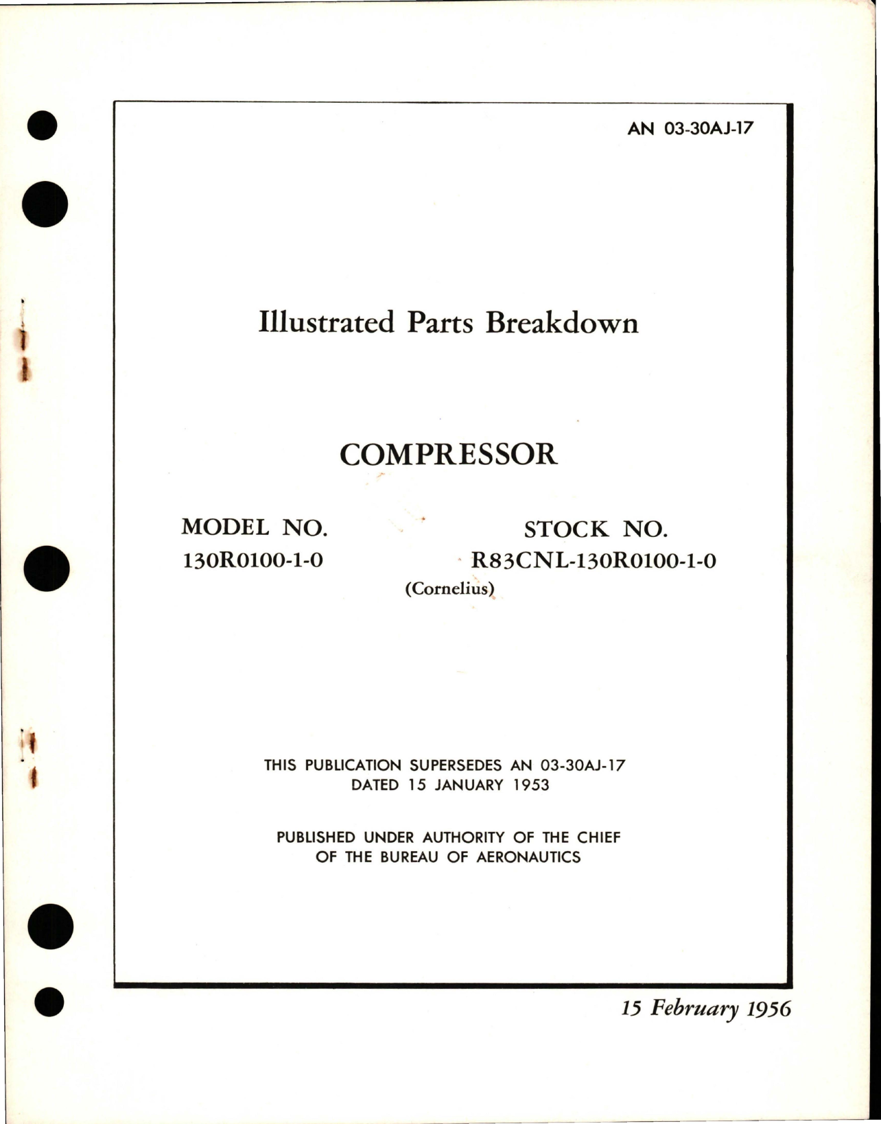 Sample page 1 from AirCorps Library document: Illustrated Parts Breakdown for Compressor - Model 130R0100-1-0