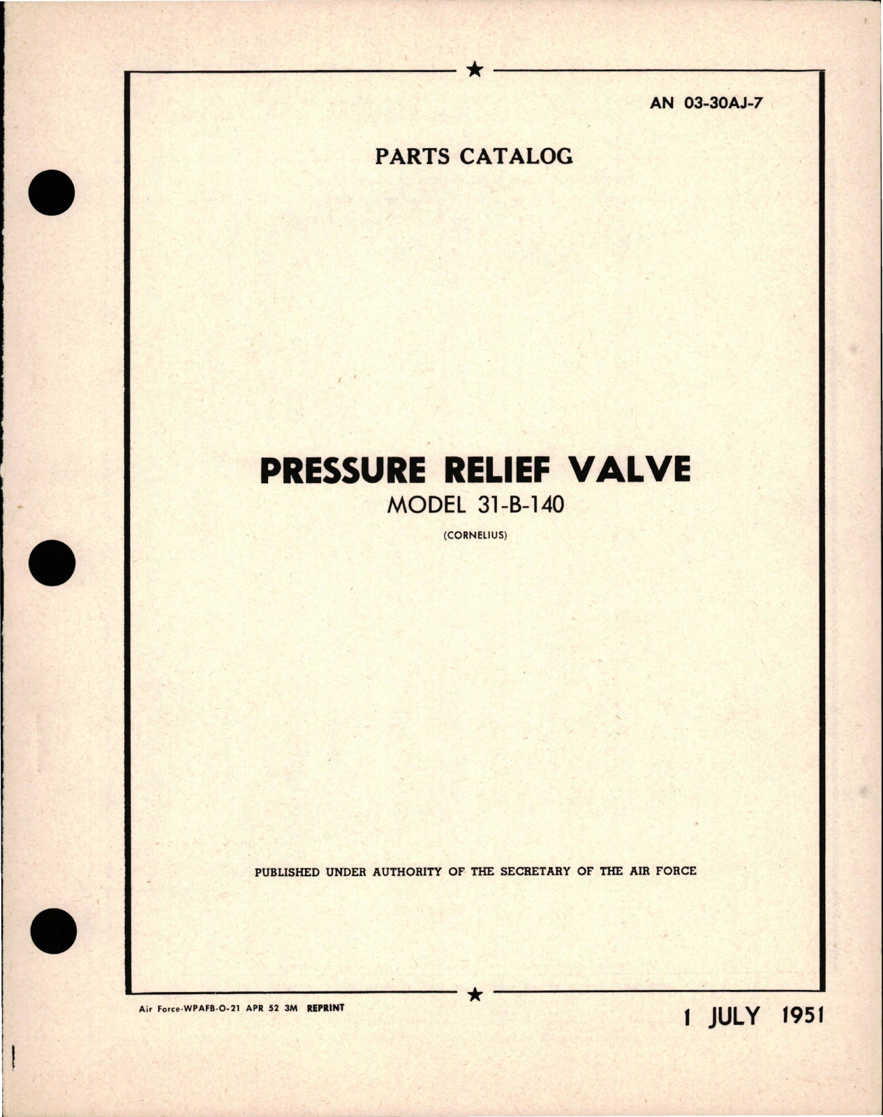 Sample page 1 from AirCorps Library document: Parts Catalog for Pressure Relief Valve - Model 31-B-140
