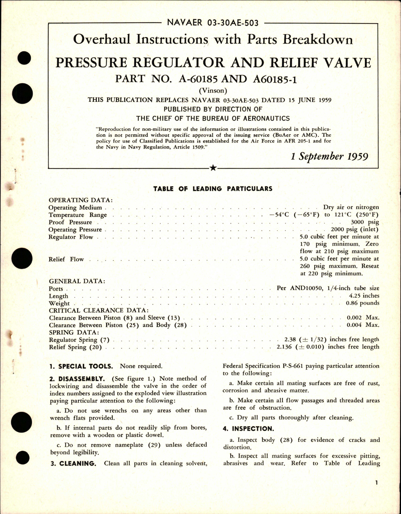Sample page 1 from AirCorps Library document: Overhaul Instructions with Parts Breakdown for Pressure Regulator and Relief Valve - Part A-60185 and A60185-1