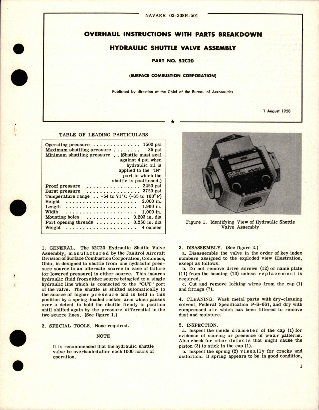 Sample page 1 from AirCorps Library document: Overhaul Instructions with Parts Breakdown for Hydraulic Shuttle Valve Assembly - Part 52C20