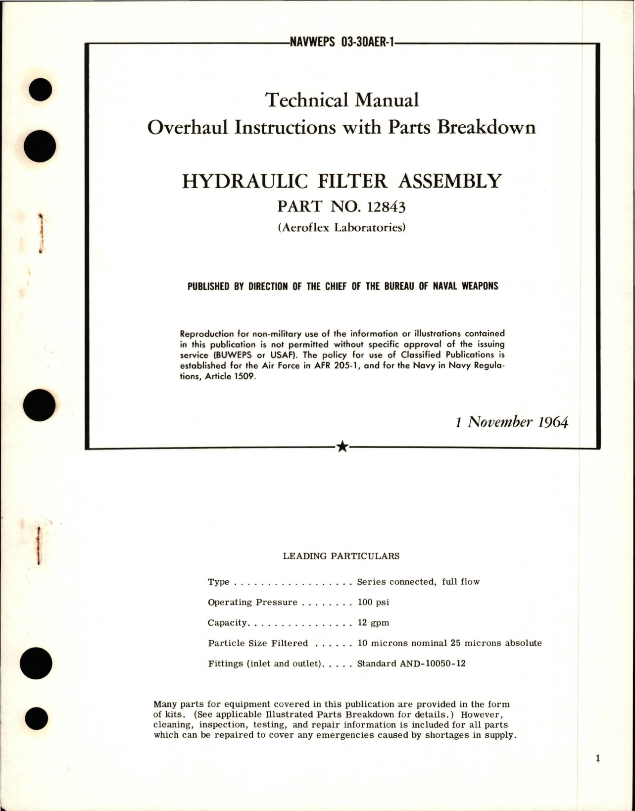 Sample page 1 from AirCorps Library document: Overhaul Instructions with Parts Breakdown for Hydraulic Filter Assembly - Part 12843