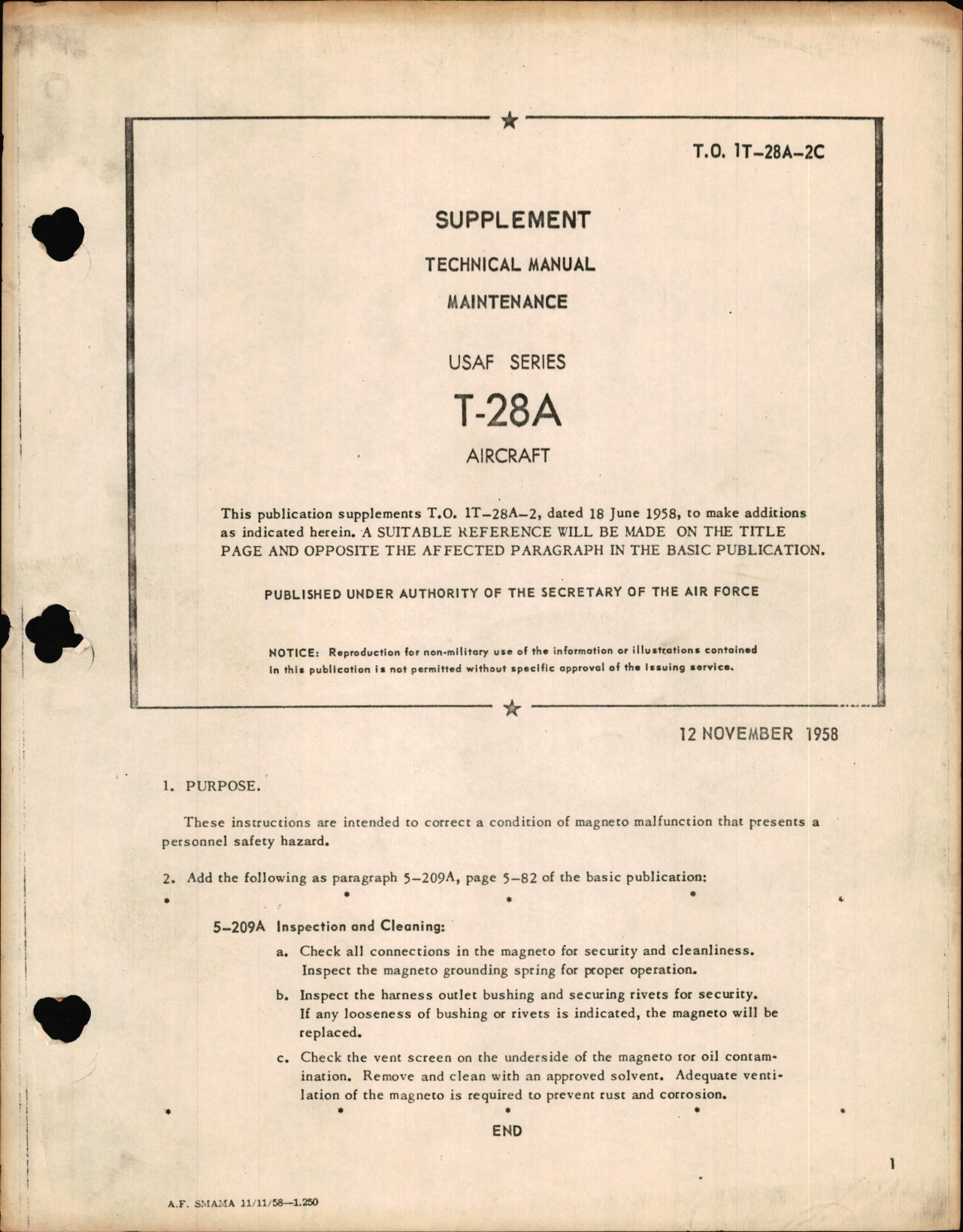 Sample page 1 from AirCorps Library document: Supplement to Technical Manual for Maintenance of Series T-28A Aircraft