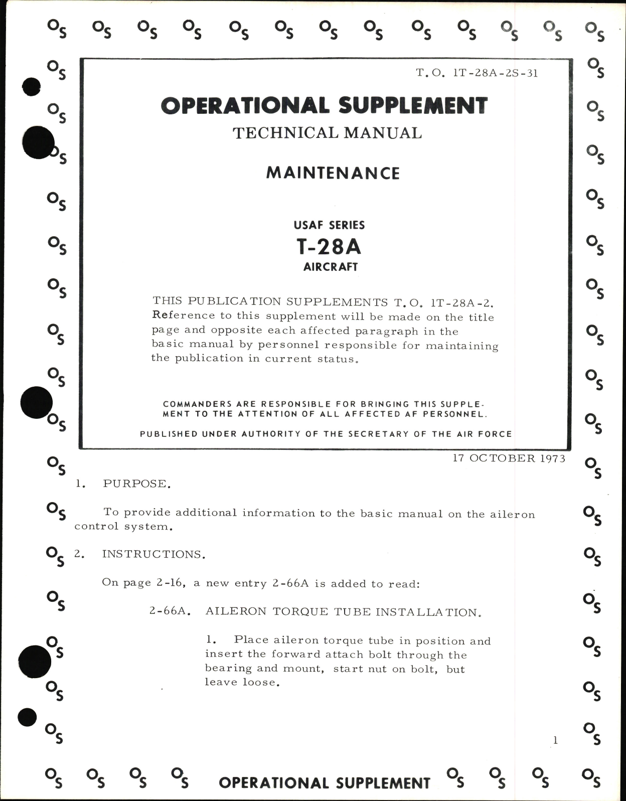 Sample page 1 from AirCorps Library document: Operational Supplement to Technical Manual of Maintenance for USAF Series T-28A Aircraft