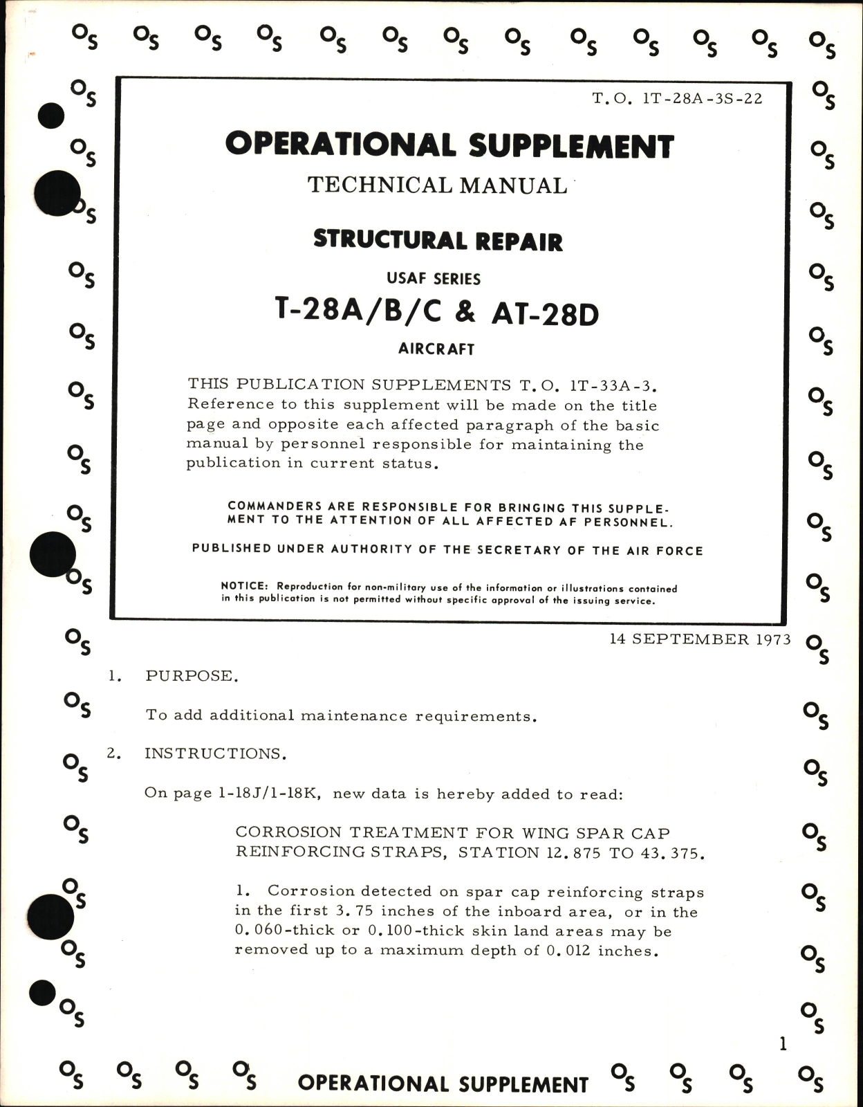 Sample page 1 from AirCorps Library document: Operational Supplement to Structural Repair for T-28A, T-28B, T-28C and AT-28D Aircraft