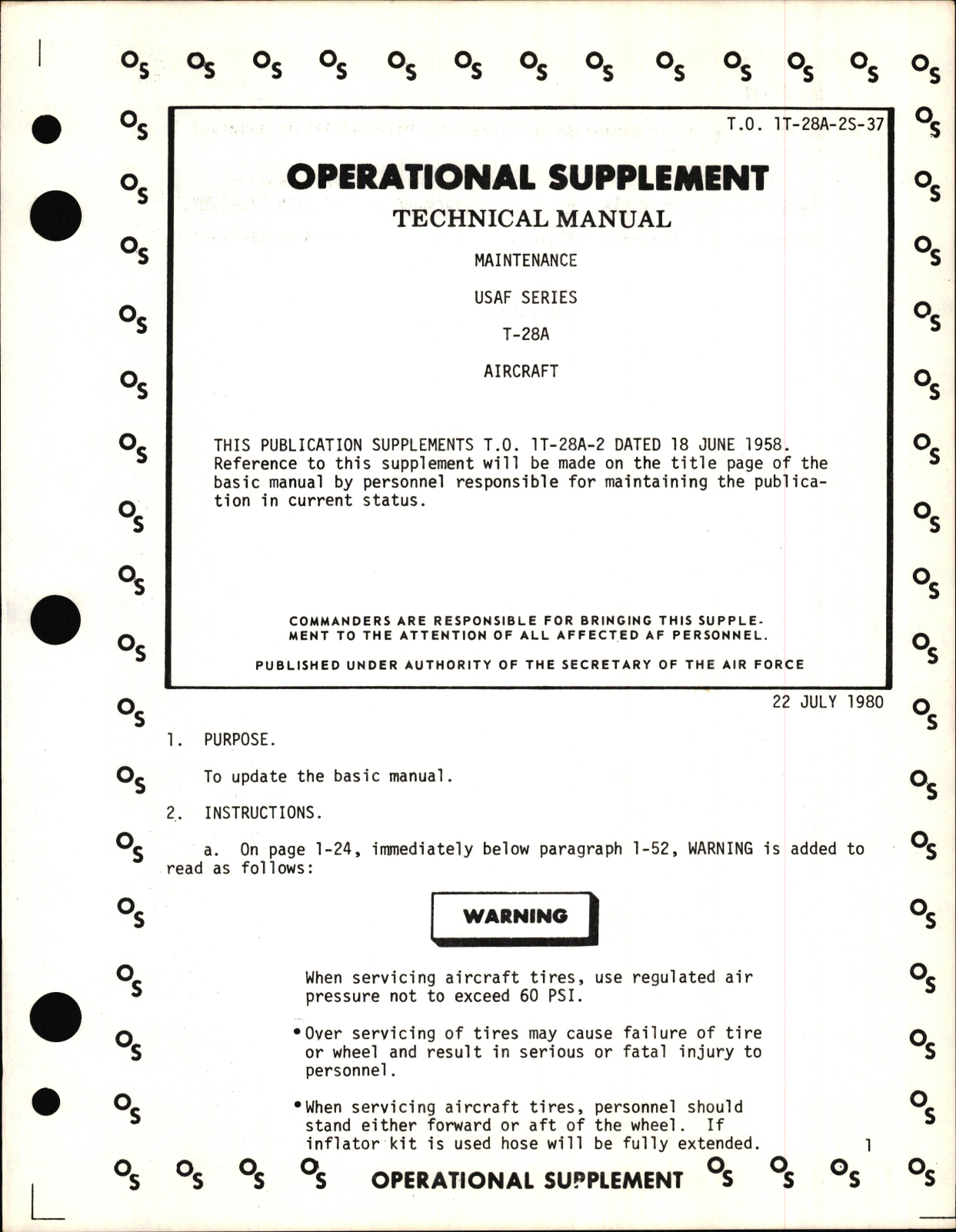 Sample page 1 from AirCorps Library document: Operational Supplement to Technical Manual of Maintenance for USAF Series T-28A Aircraft