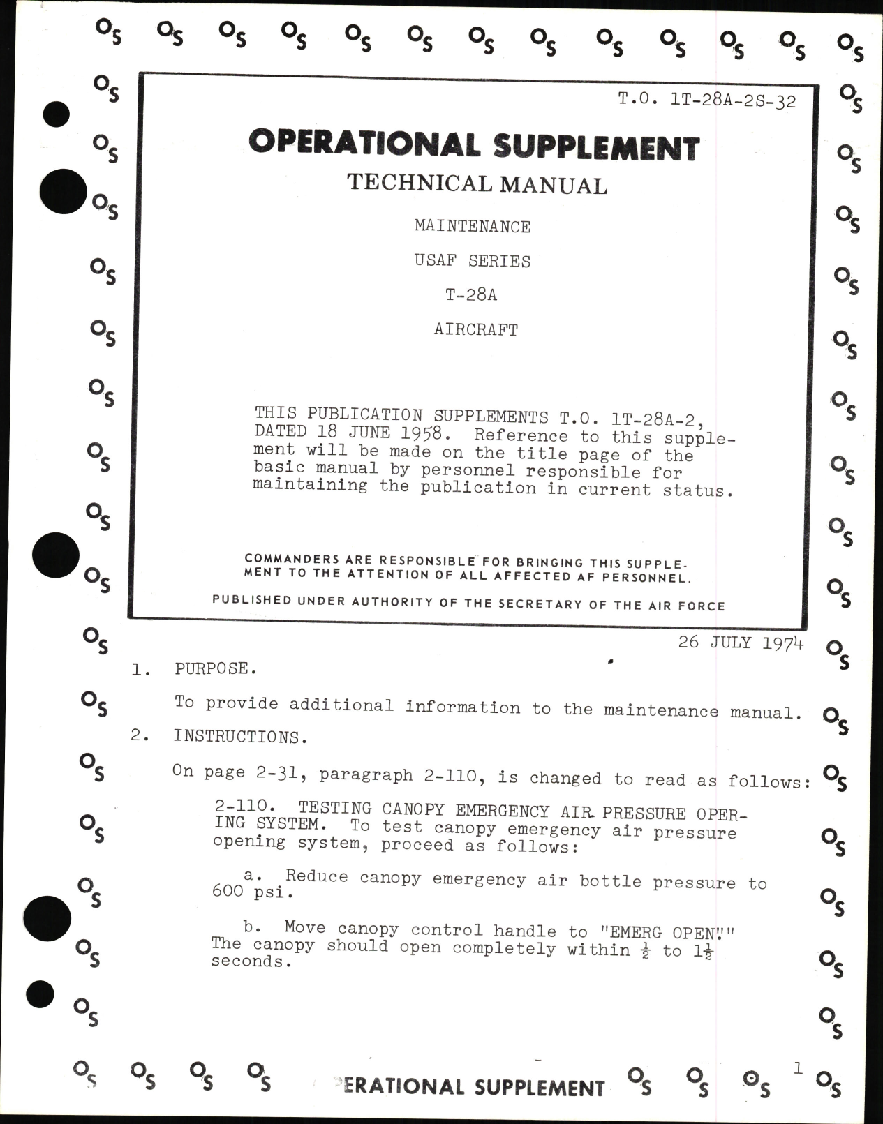 Sample page 1 from AirCorps Library document: Operational Supplement to Technical Manual of Maintenance for USAF Series T-28A Aircraft