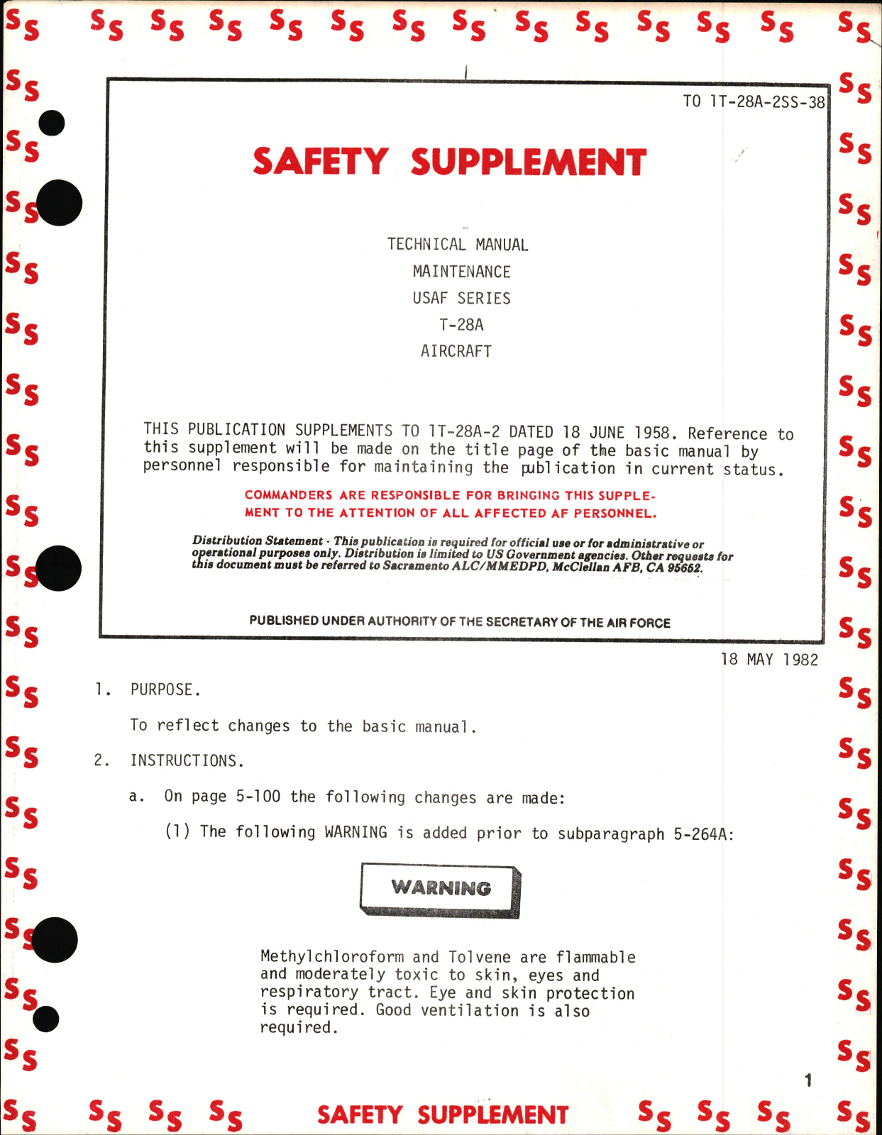 Sample page 1 from AirCorps Library document: Safety Supplement to Technical Manual of Manual for USAF Series T-28A