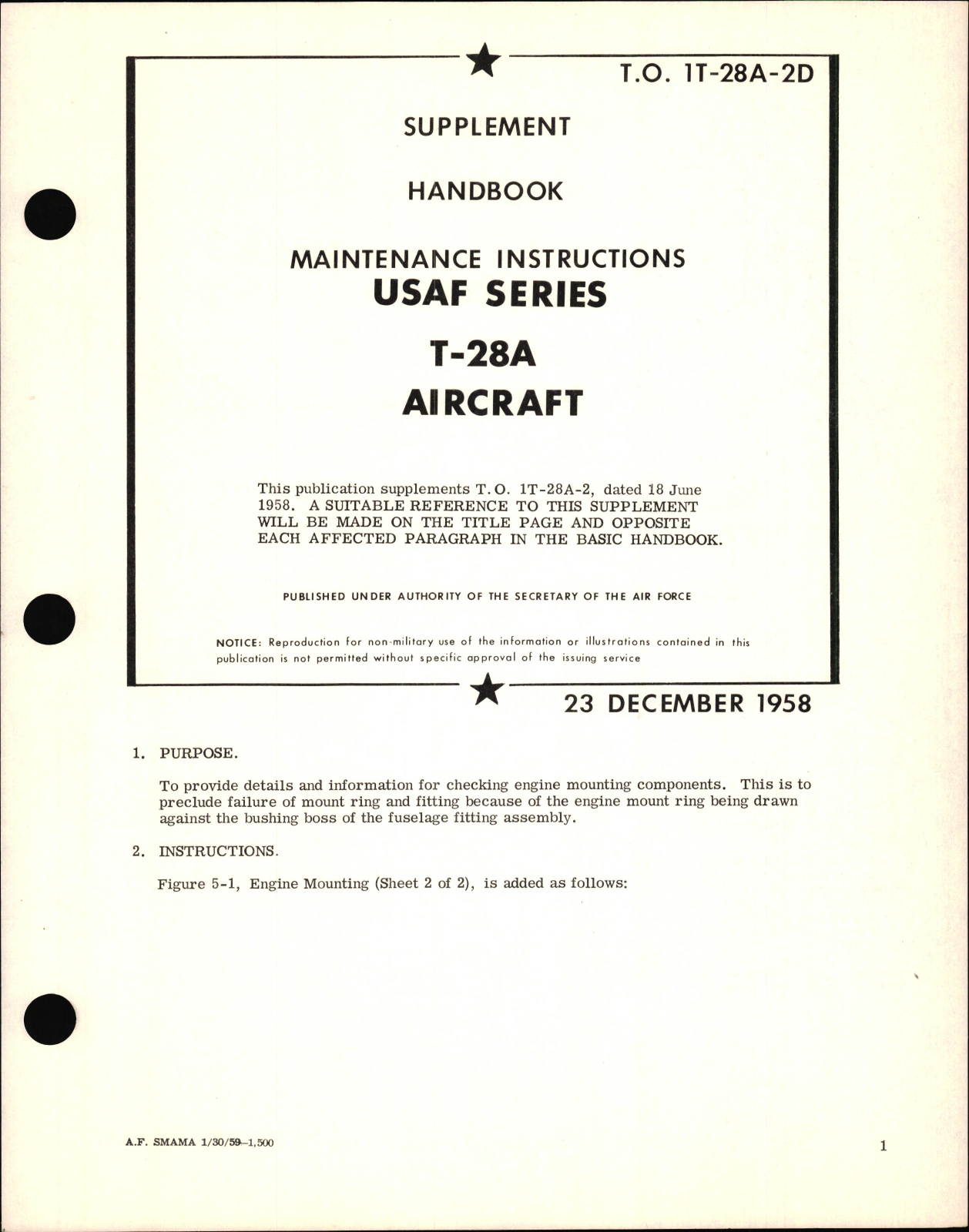 Sample page 1 from AirCorps Library document: Supplement to Handbook of Maintenance Instructions for Series T-28A Aircraft