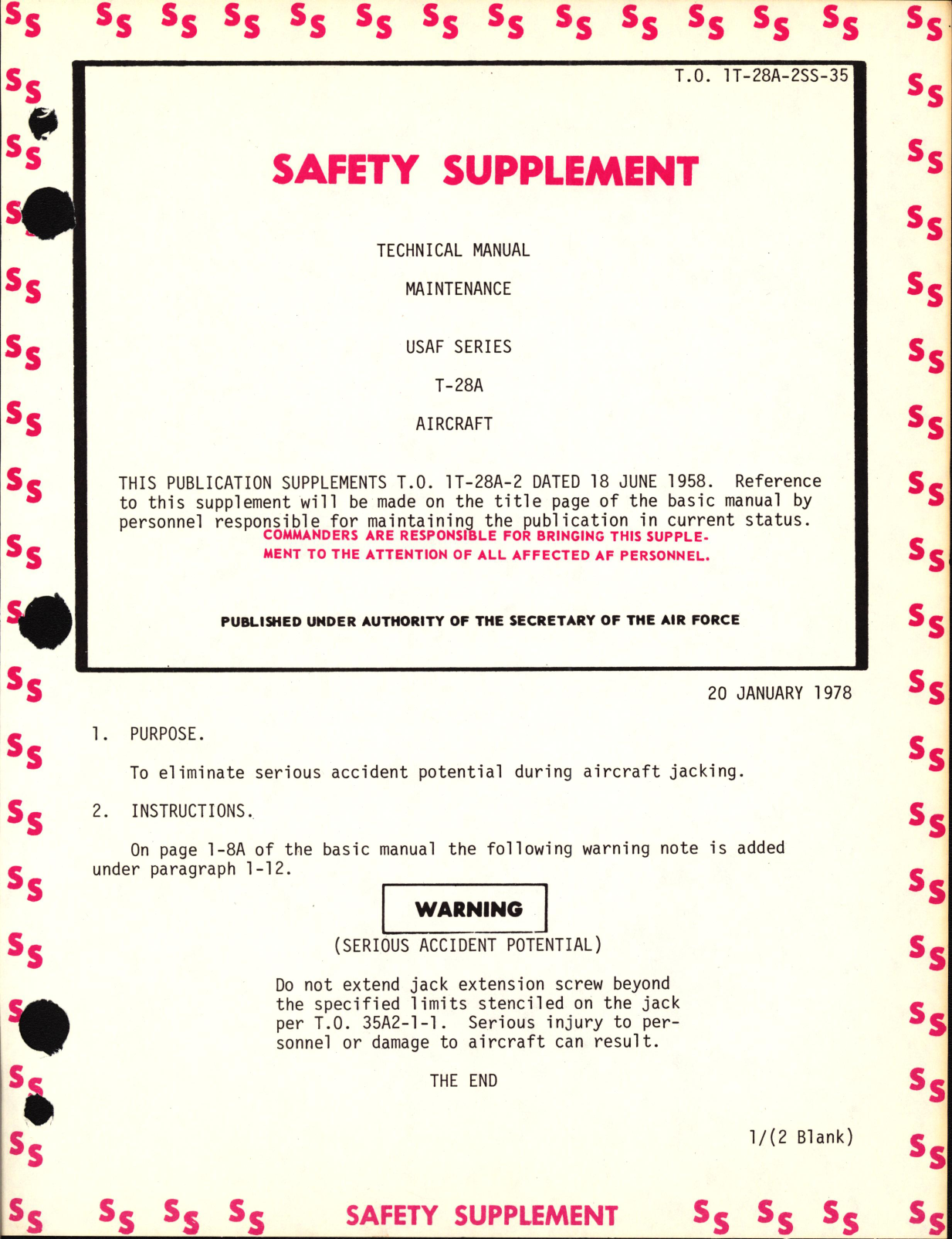 Sample page 1 from AirCorps Library document: Safety Supplement to Technical Manual of Manual for USAF Series T-28A