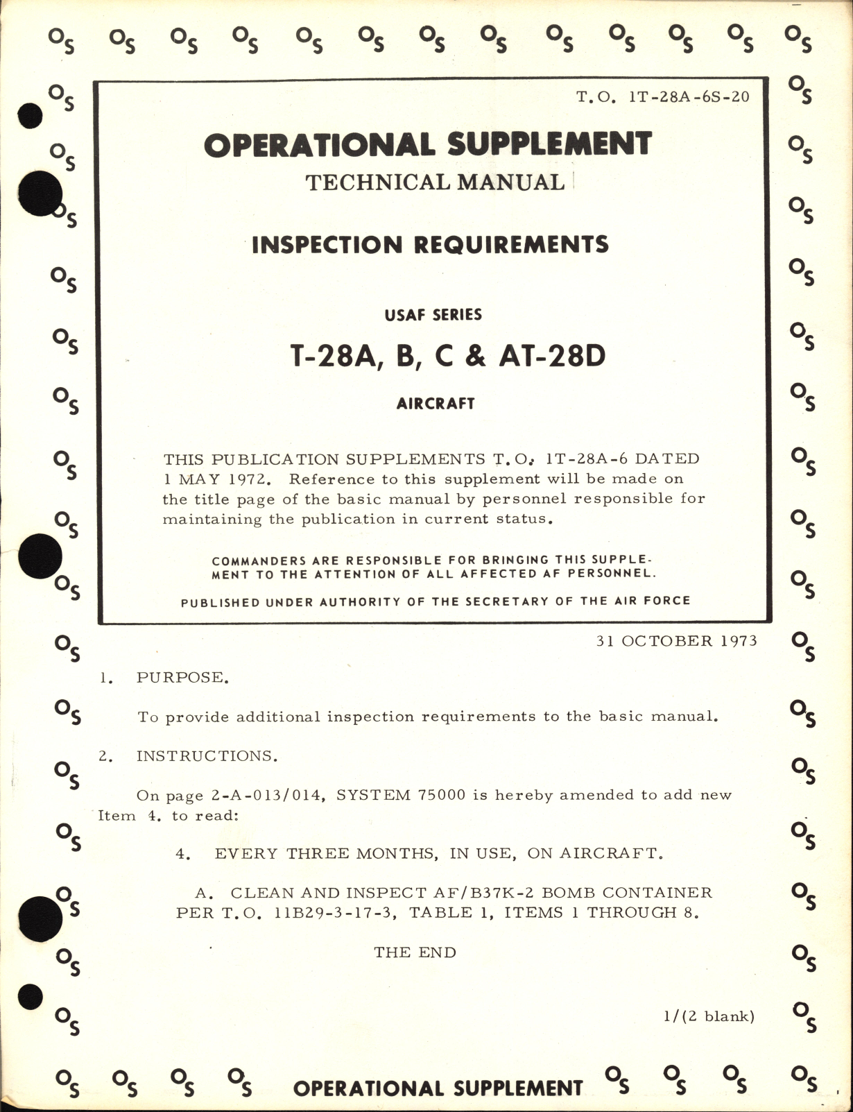Sample page 1 from AirCorps Library document: Operational Supplement to Inspection Requirements for T-28A, T-28B, T-28C and AT-28D Aircraft