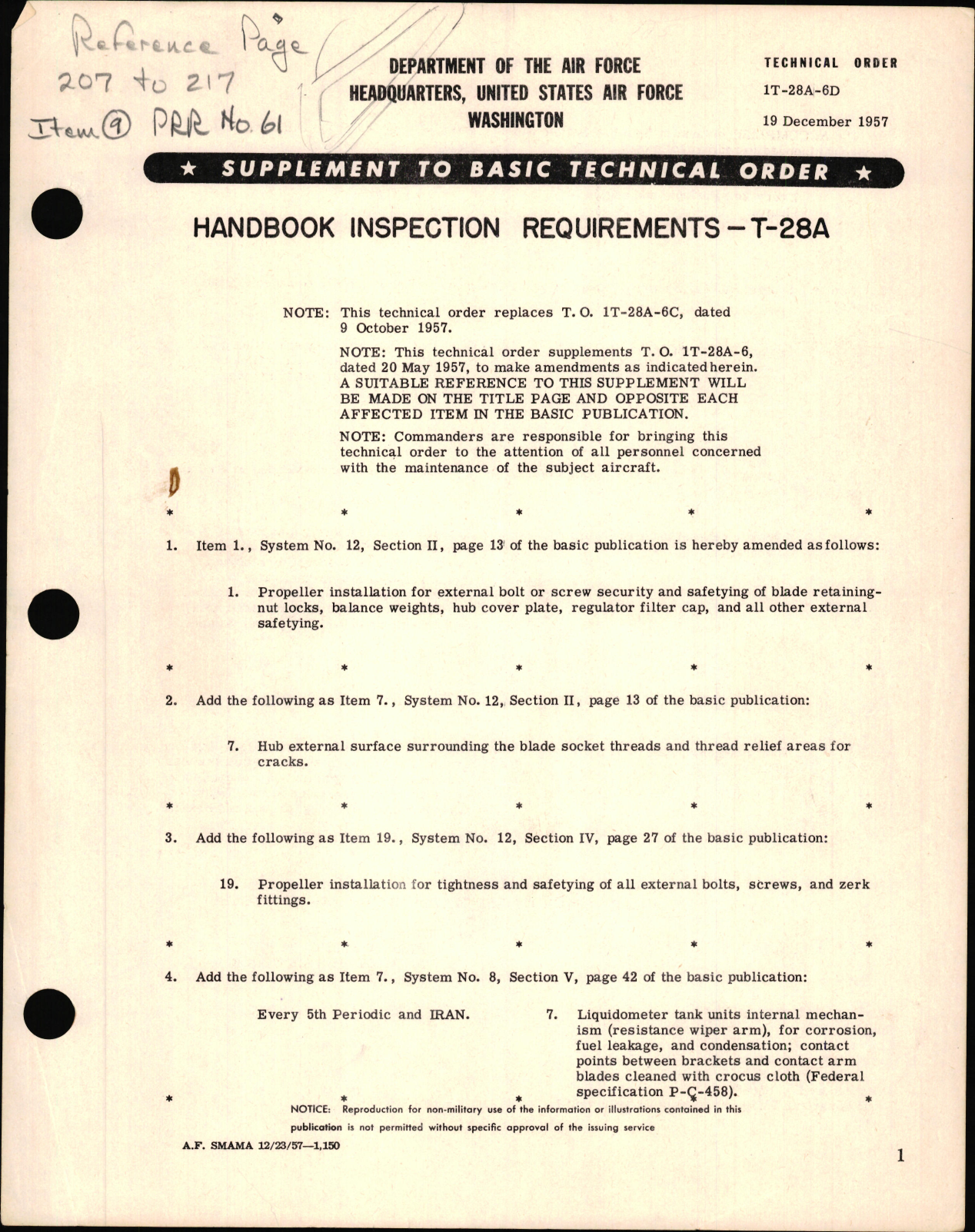 Sample page 1 from AirCorps Library document: Supplement to Basic Technical Order  for Handbook of Inspection Requirements - T-28A