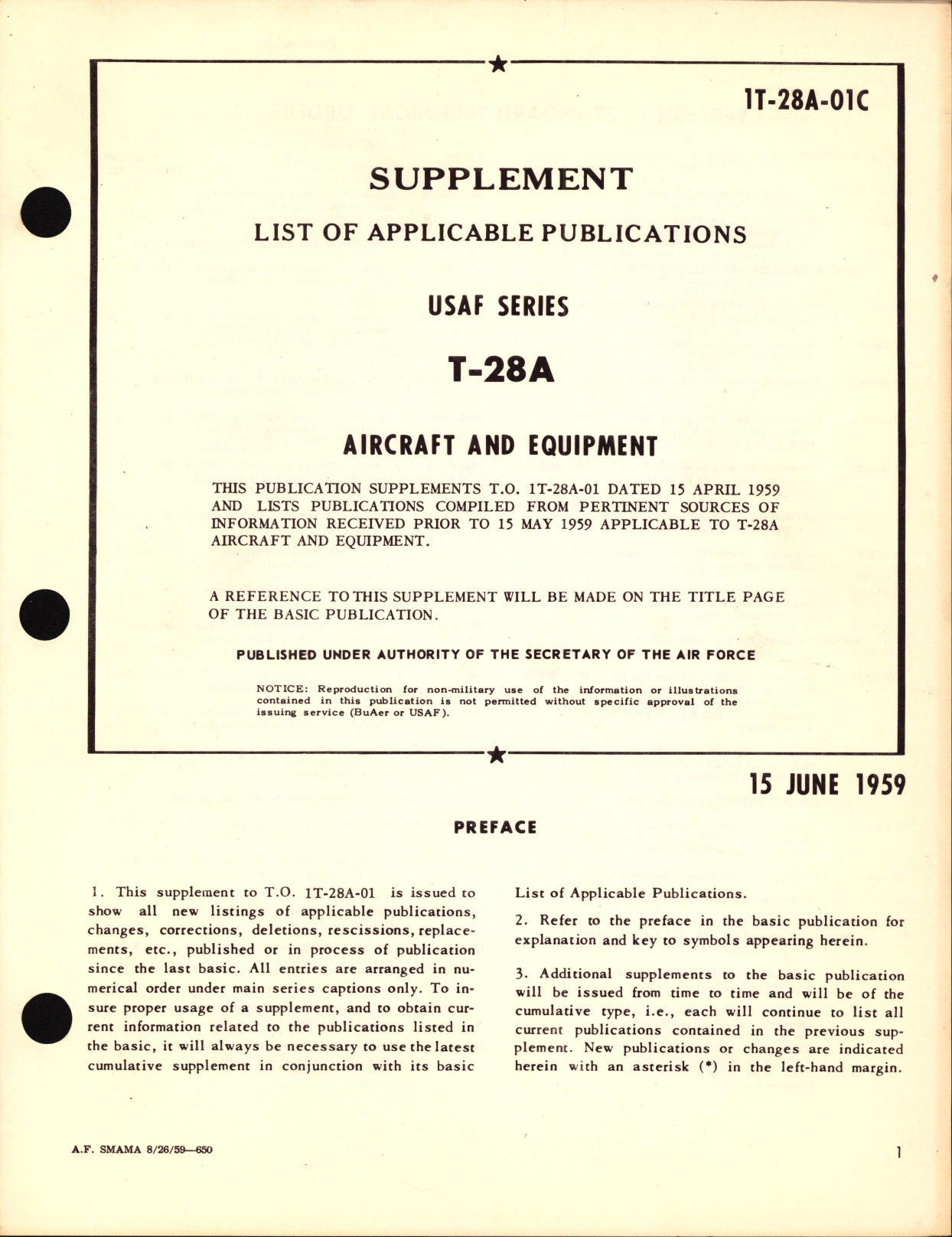 Sample page 1 from AirCorps Library document: Supplement to List of Applicable Publications for USAF Series T-28A Aircraft and Equipment