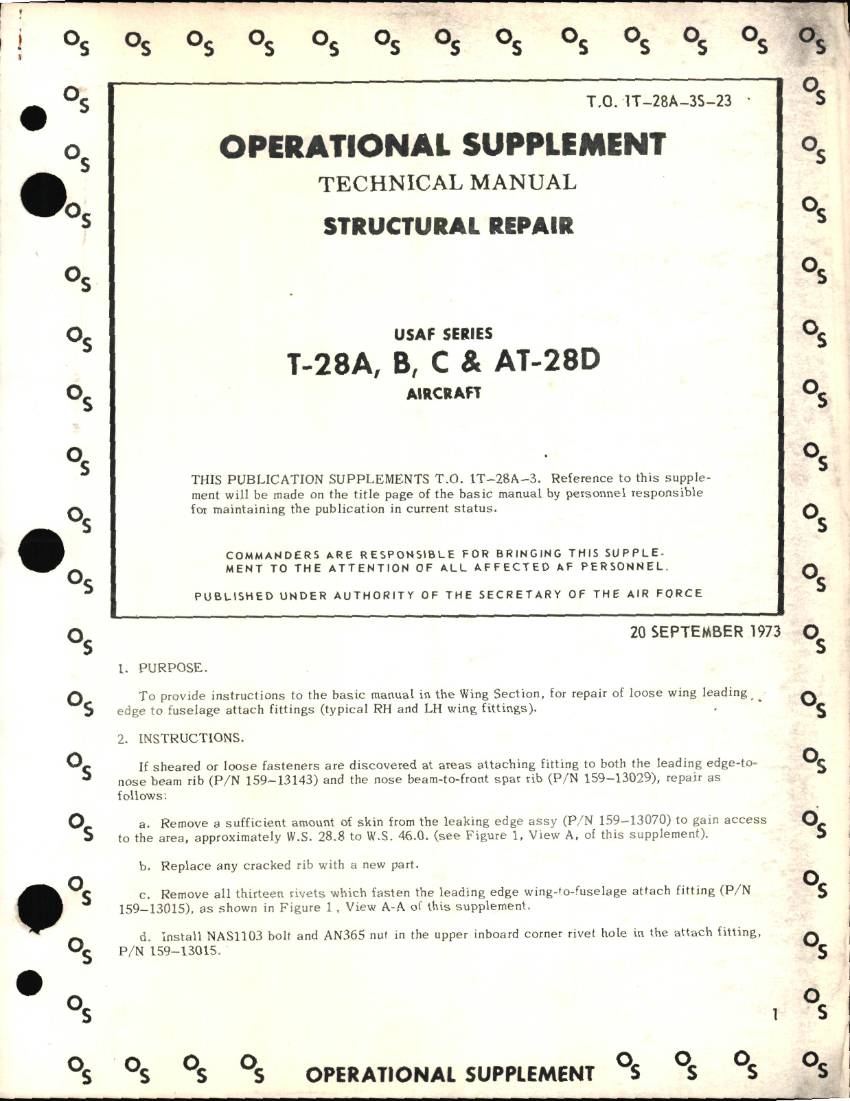 Sample page 1 from AirCorps Library document: Operational Supplement to Structural Repair for T-28A, T-28B, T-28C  and AT-28D Aircraft