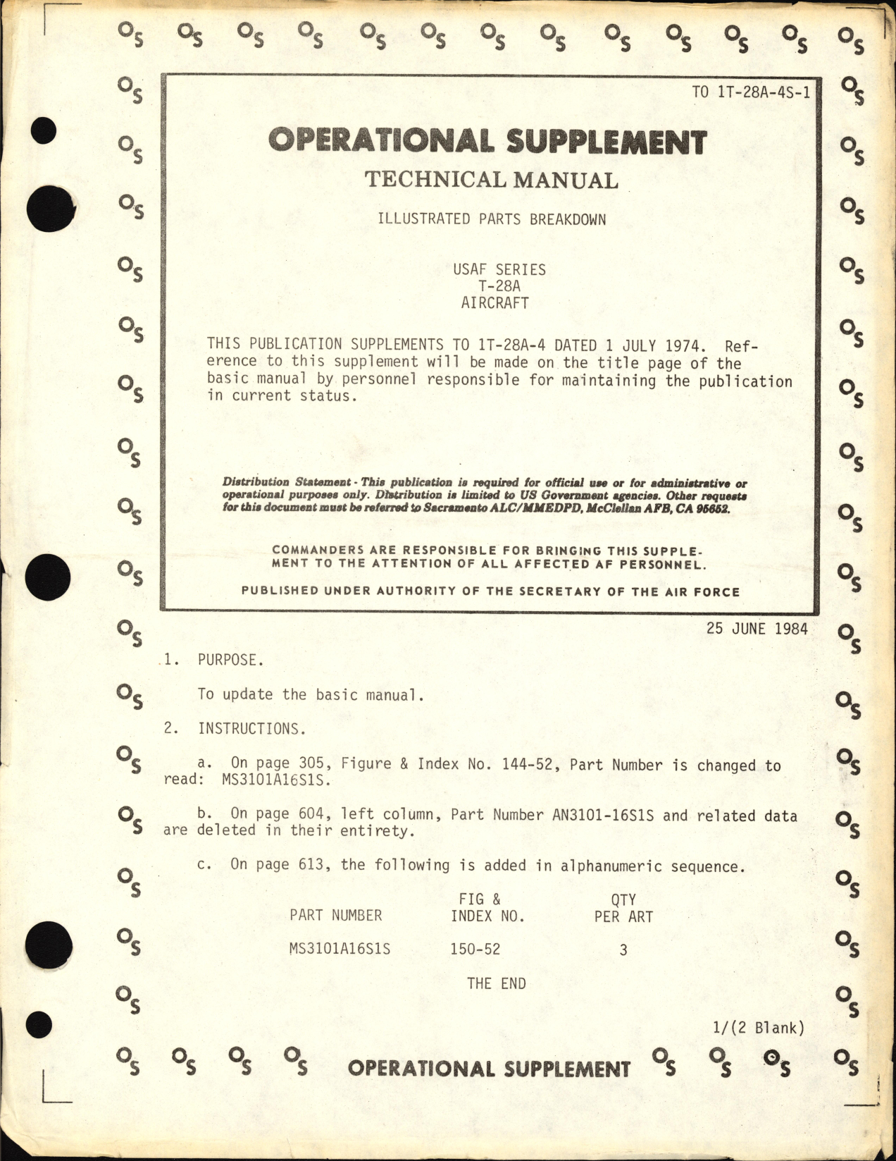 Sample page 1 from AirCorps Library document: Operational Supplement to Technical Manual for Illustrated Parts Breakdown for USAF Series T-28A Aircraft
