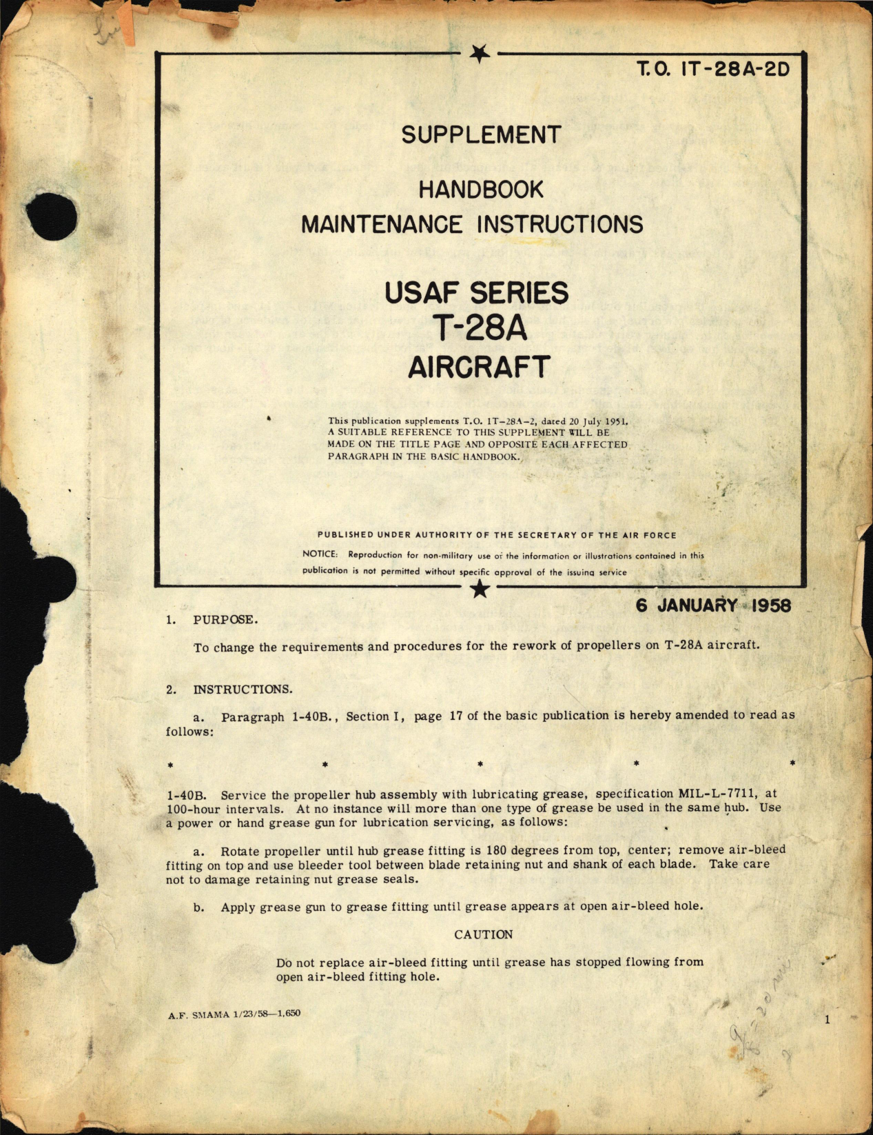 Sample page 1 from AirCorps Library document: Supplement to Handbook of Maintenance Instructions for USAF Series T-28A Aircraft