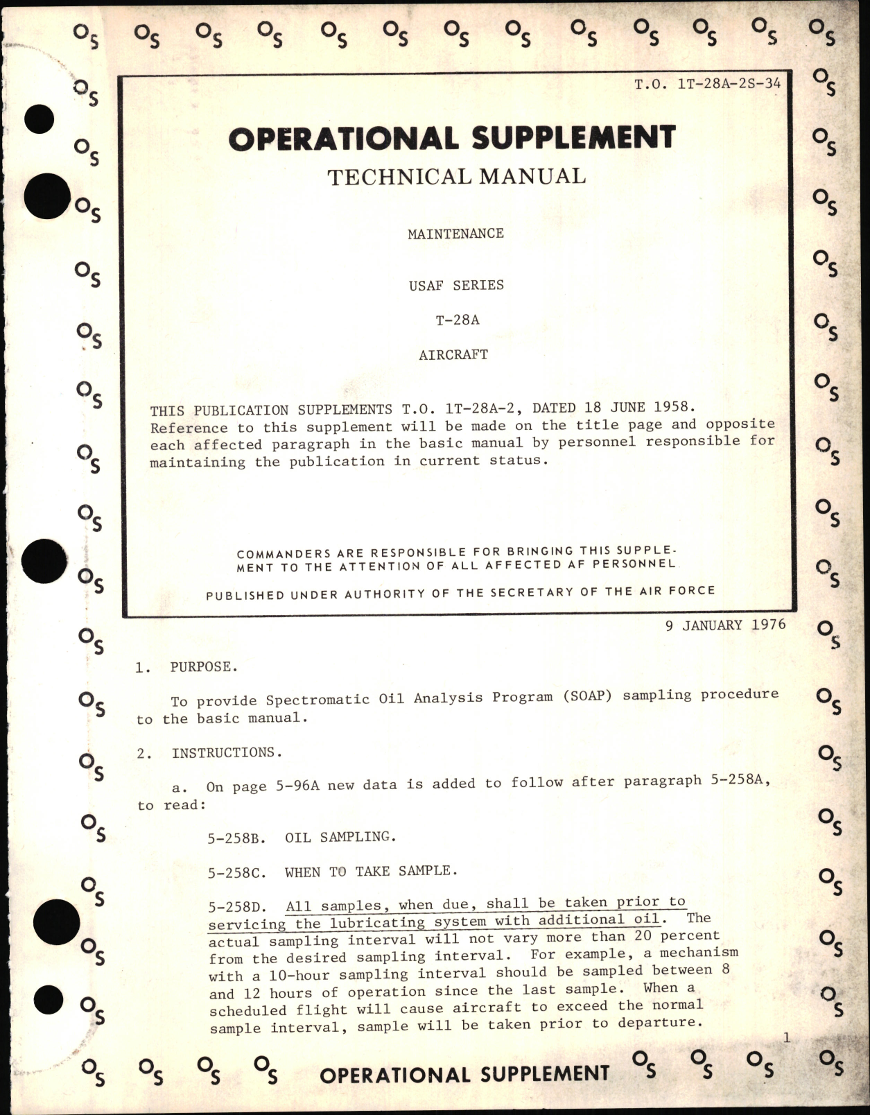 Sample page 1 from AirCorps Library document: Operational Supplement to Technical Manual of Maintenance for USAF Series T-28A Aircraft