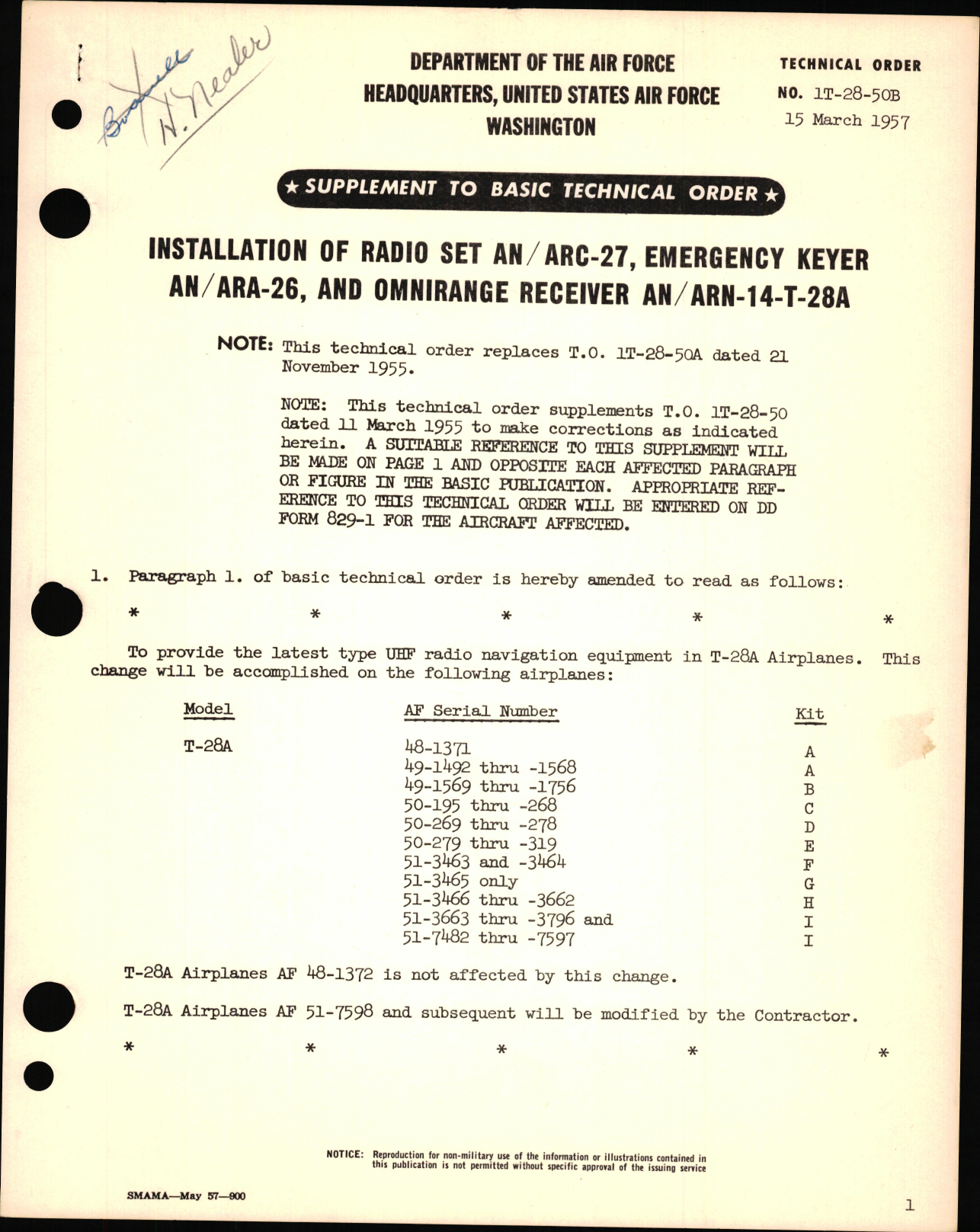 Sample page 1 from AirCorps Library document: Installation of Radio Set AN-ARC-27, Emergency Keyer AN-ARA-26, and Omnirange Receiver AN-ARN-14-T-28A
