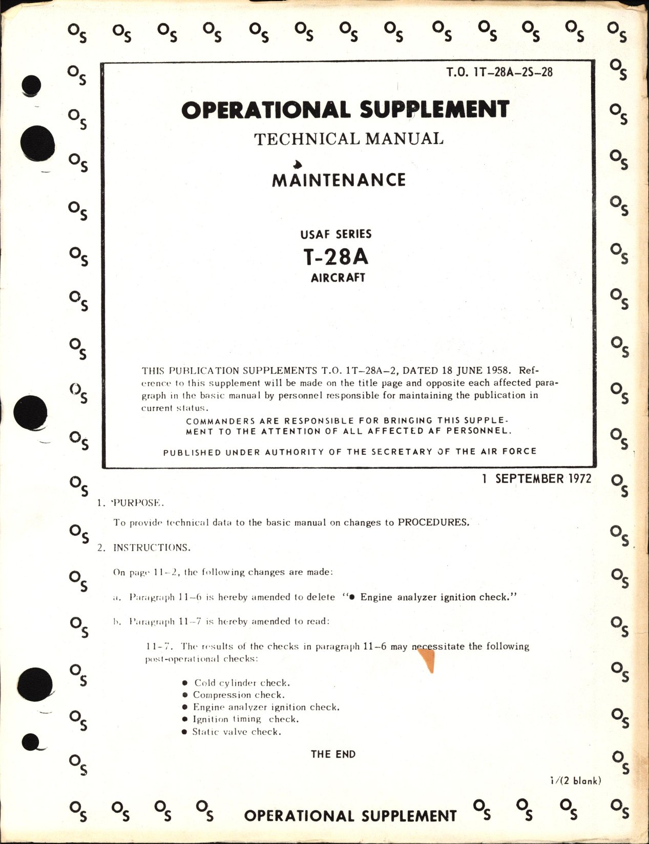 Sample page 1 from AirCorps Library document: Operational Supplement to Technical Manual of Maintenance for USAF Series T-28A Aircraft