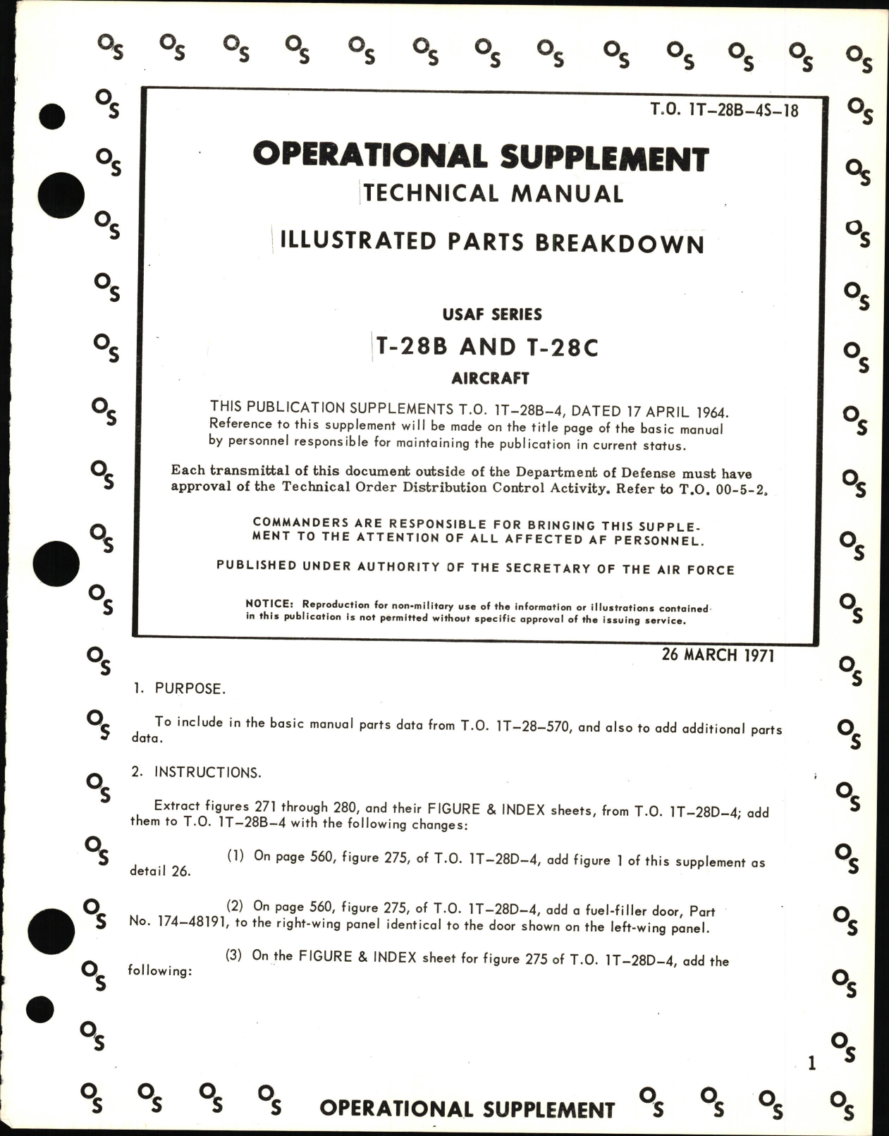 Sample page 1 from AirCorps Library document: Operational Supplement to Illustrated Parts Breakdown for T-28B and T-28C Aircraft