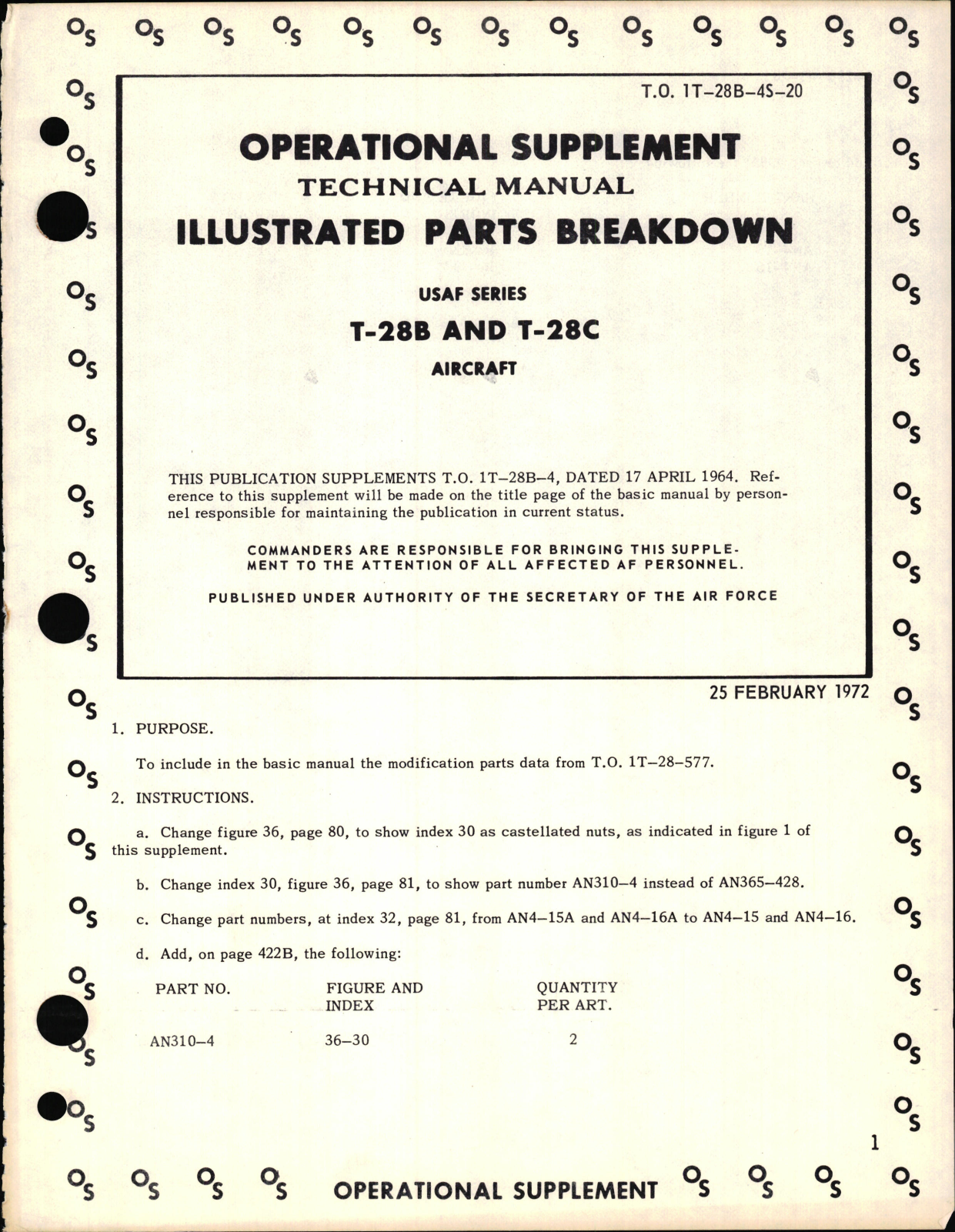 Sample page 1 from AirCorps Library document: Operational Supplement to Illustrated Parts Breakdown for T-28B and T-28C Aircraft