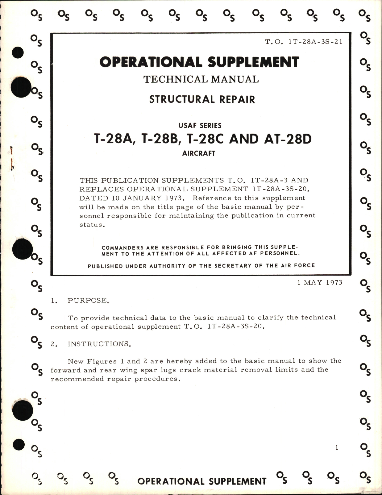 Sample page 1 from AirCorps Library document: Operational Supplement to Structural Repair for T-28A, T-28B, T-28C  and AT-28D Aircraft