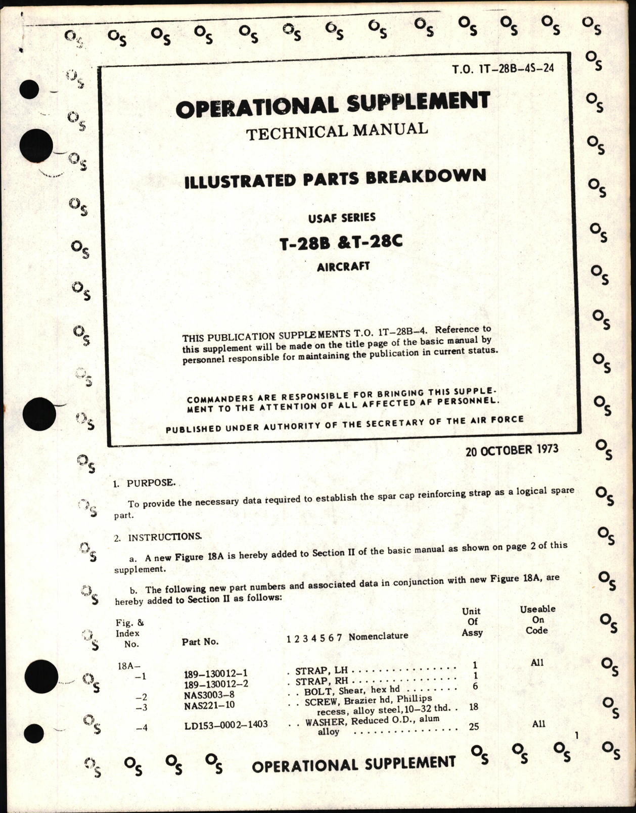 Sample page 1 from AirCorps Library document: Operational Supplement to Illustrated Parts Breakdown for T-28B and T-28C Aircraft