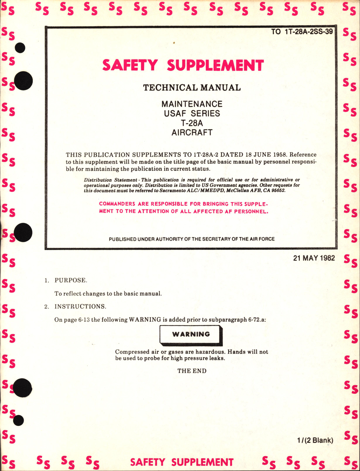 Sample page 1 from AirCorps Library document: Safety Supplement to Technical Manual of Manual for USAF Series T-28A
