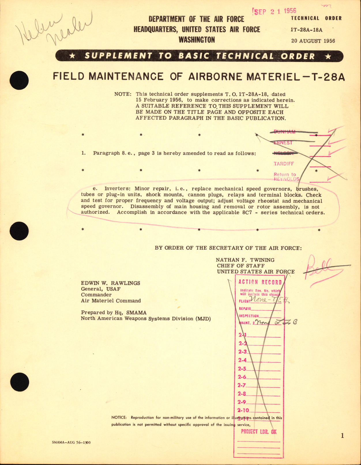 Sample page 1 from AirCorps Library document: Supplement to Basic Technical Order  for Field Maintenance of Airborne Materiel - T-28A
