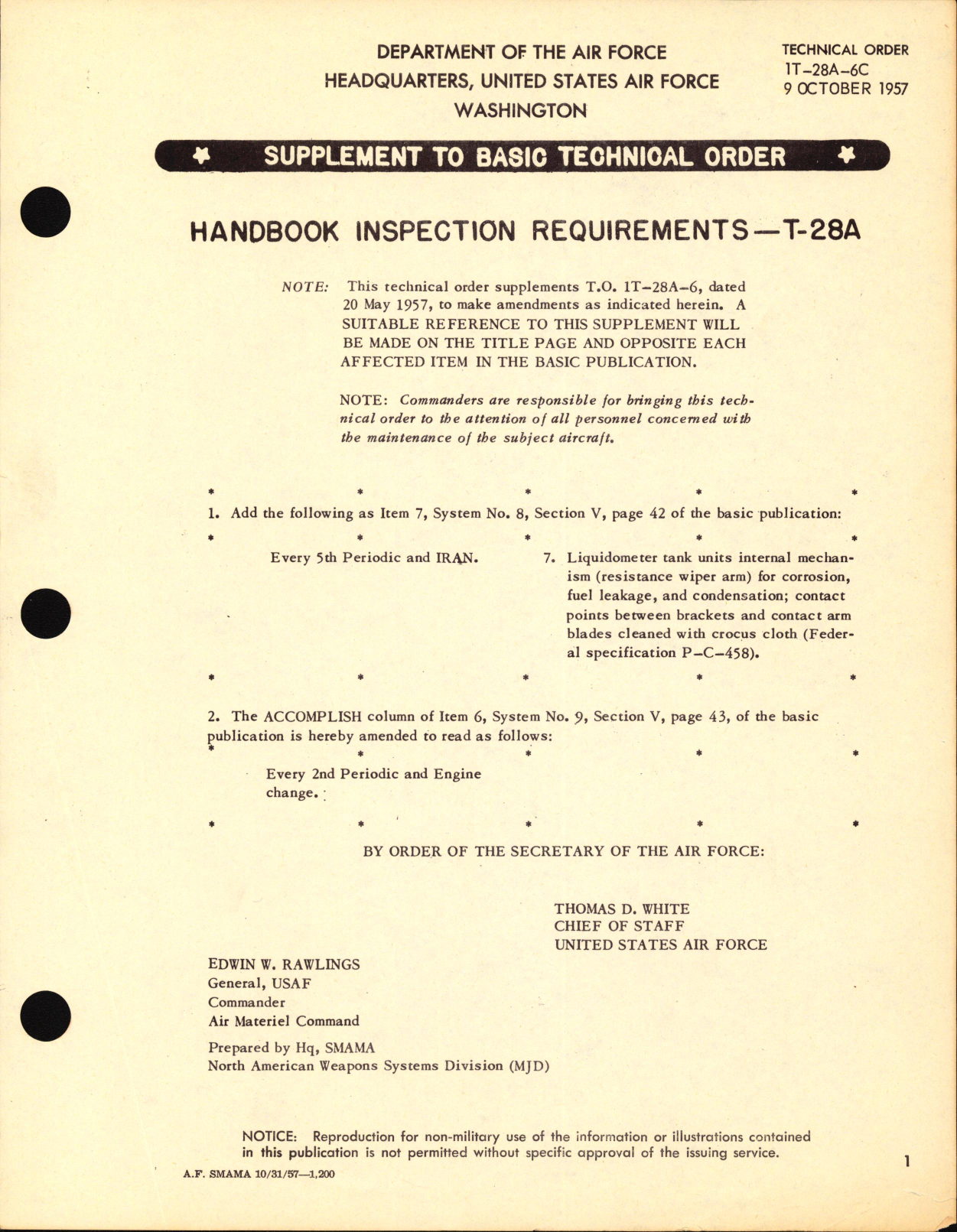 Sample page 1 from AirCorps Library document: Supplement to Basic Technical Order  for Handbook of Inspection Requirements - T-28A