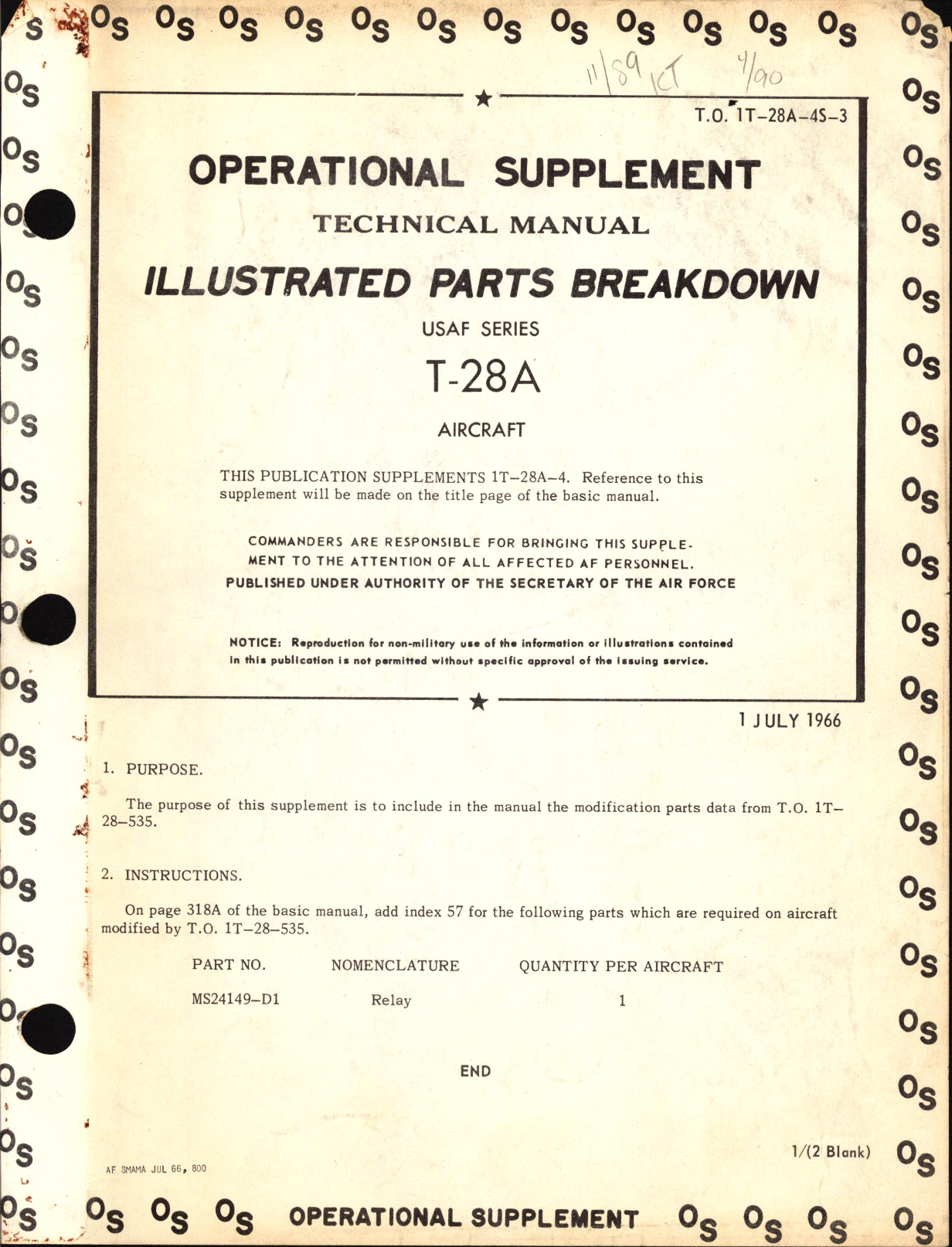 Sample page 1 from AirCorps Library document: Operational Supplement to Illustrated Parts Breakdown for T-28A Aircraft