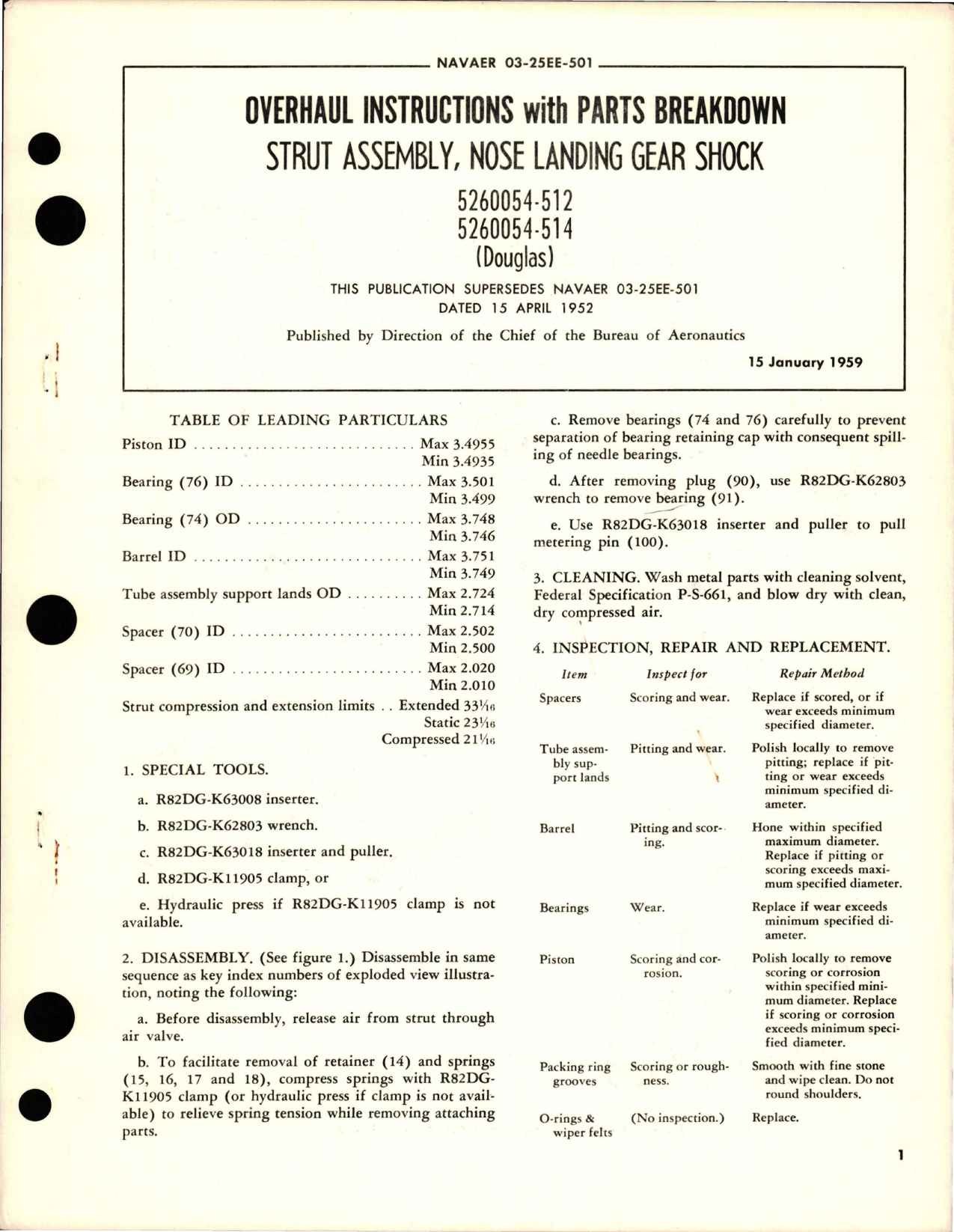 Sample page 1 from AirCorps Library document: Overhaul Instructions with Parts Breakdown for Nose Landing Gear Shock Strut Assembly - 5260054-512 and 5260054-514