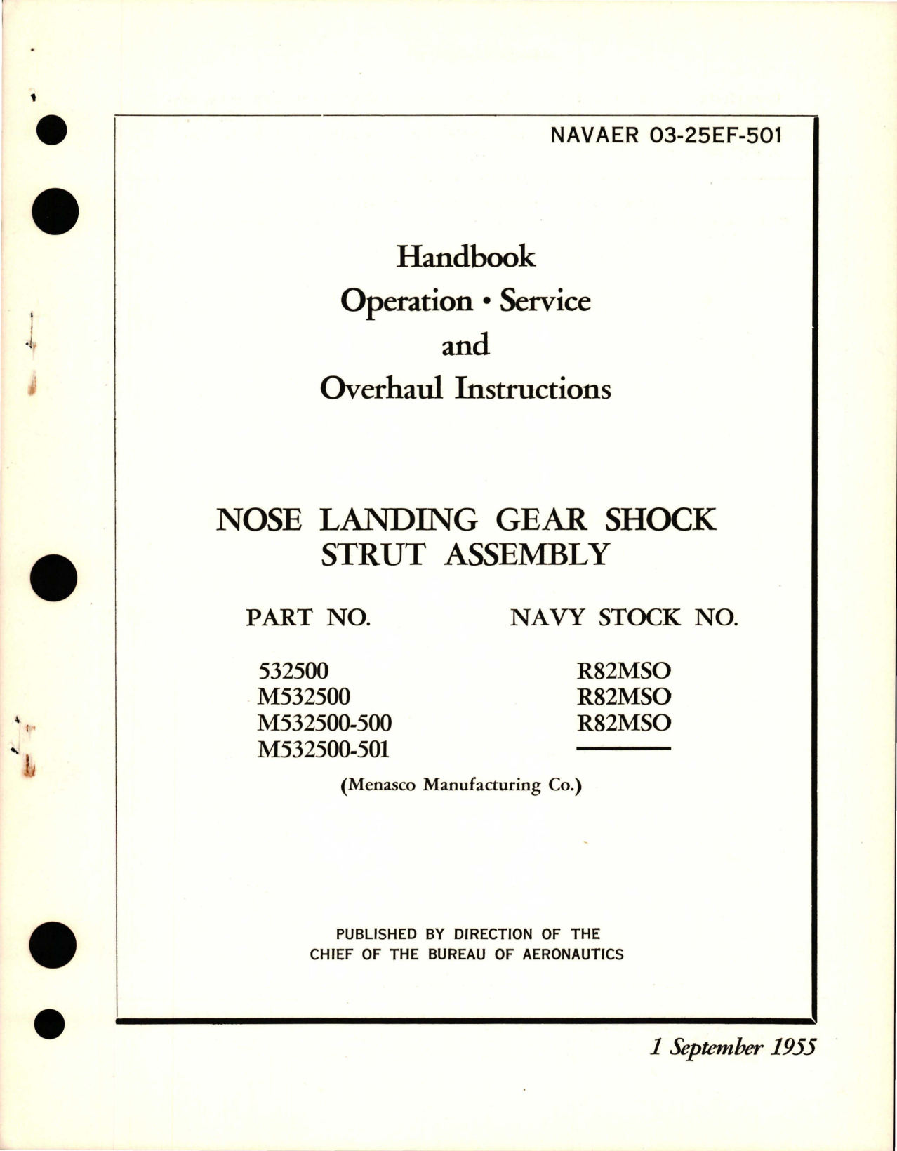 Sample page 1 from AirCorps Library document: Operation, Service and Overhaul Instructions for Nose Landing Gear Shock Strut Assembly - Parts 532500, M532500, M532500-500, M532500-501