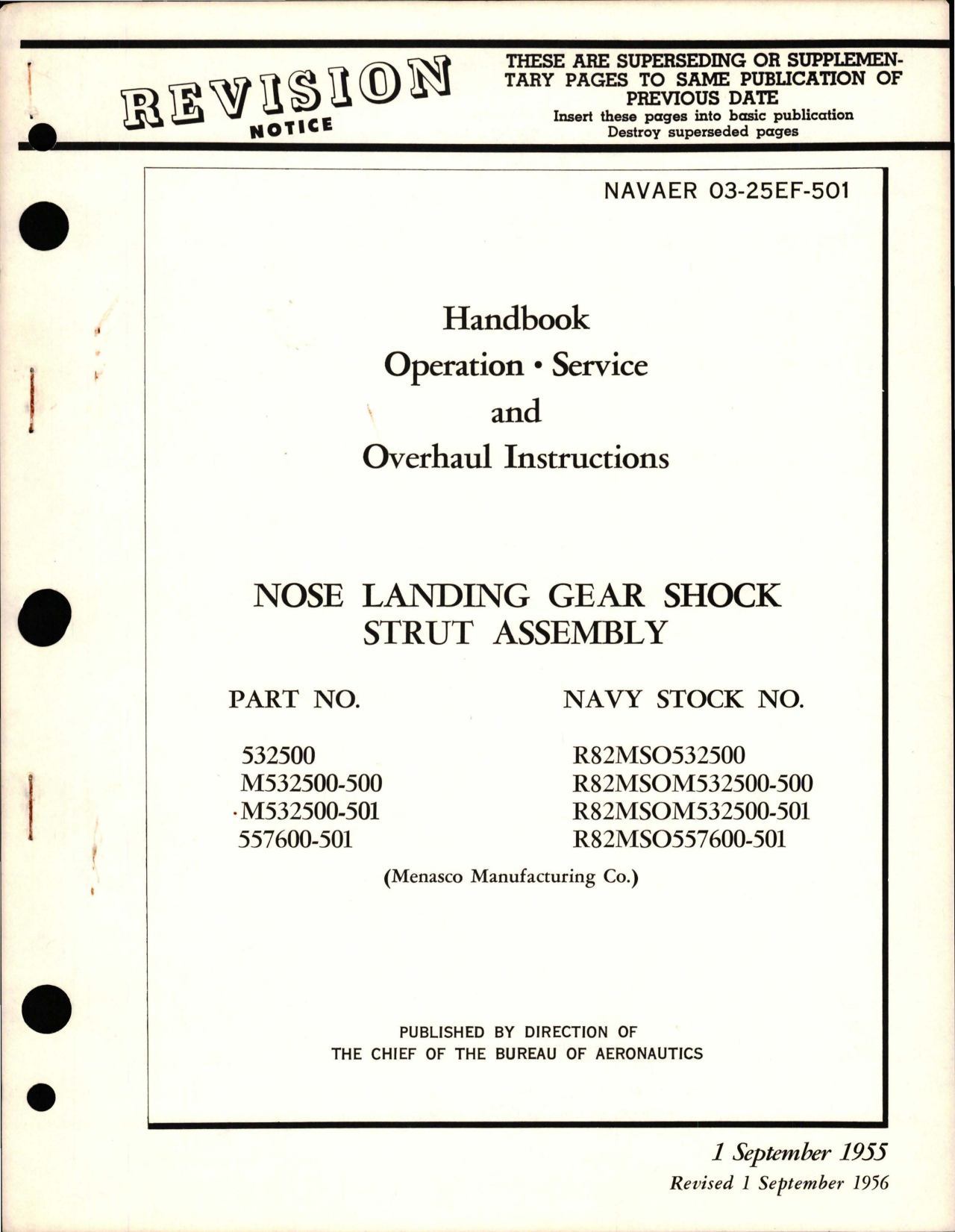 Sample page 1 from AirCorps Library document: Operation, Service and Overhaul Instructions for Nose Landing Gear Shock Strut Assembly - Parts 532500, M532500-500, M532500-501, and 557600-501