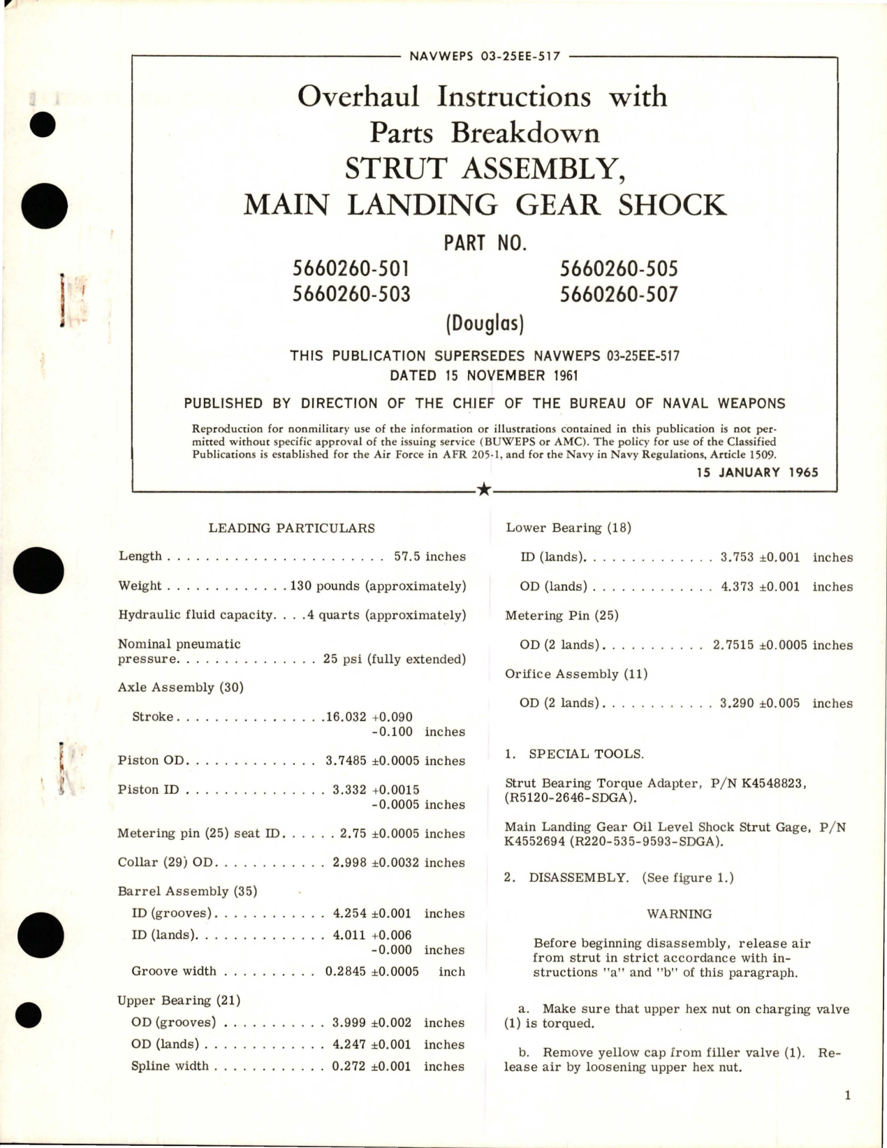 Sample page 1 from AirCorps Library document: Overhaul Instructions with Parts Breakdown for Main Landing Gear Shock Strut Assembly