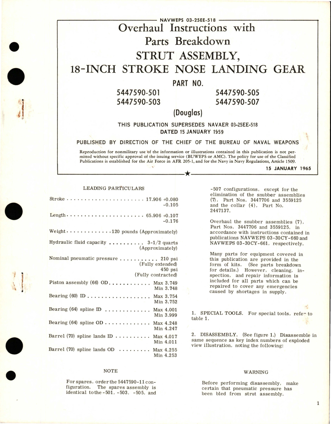 Sample page 1 from AirCorps Library document: Overhaul Instructions with Parts Breakdown for 18-Inch Stroke Nose Landing Gear Strut Assembly