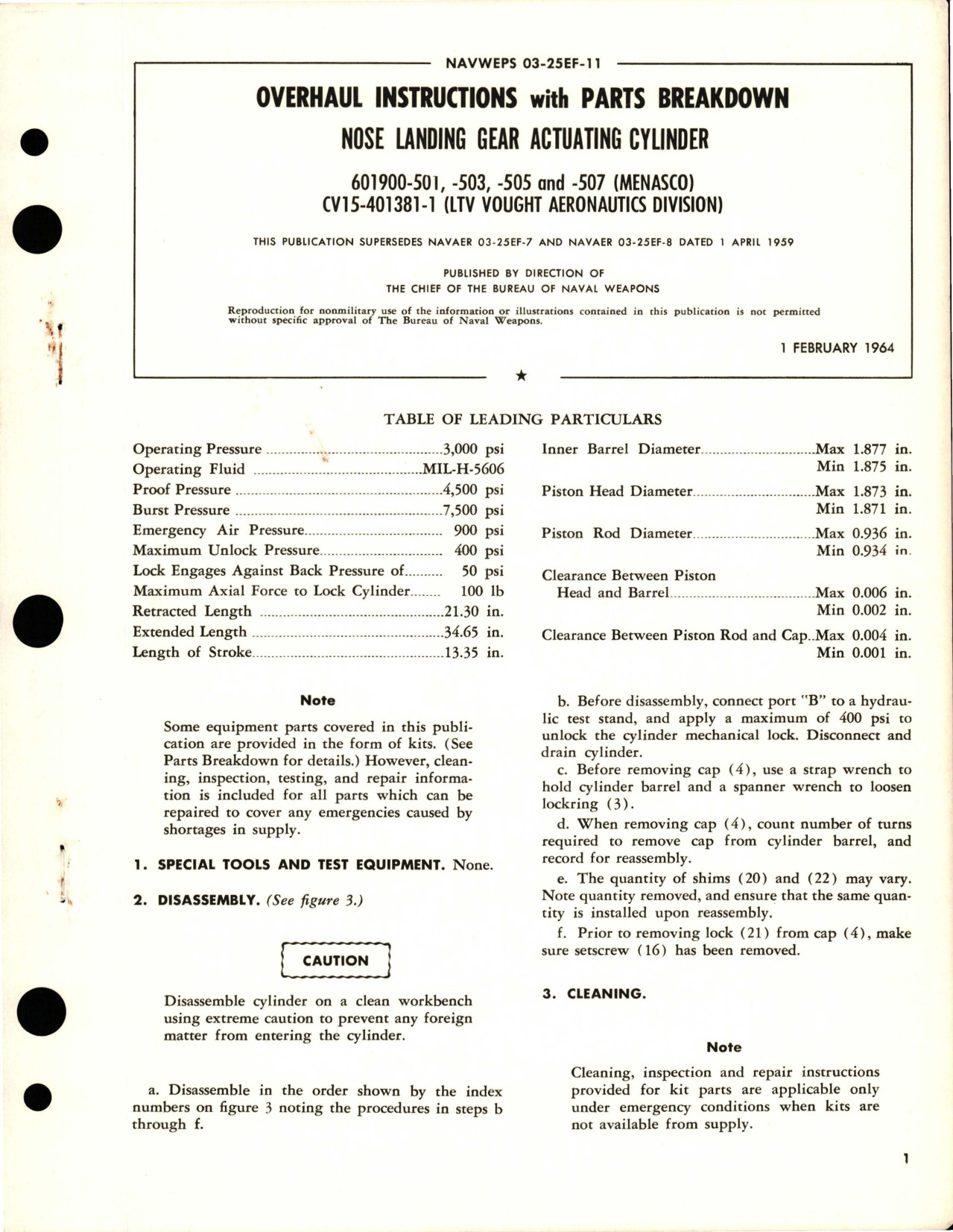 Sample page 1 from AirCorps Library document: Overhaul Instructions with Parts Breakdown for Nose Landing Gear Actuating Cylinder - Parts 601900-501, 601900-503, 601900-505, and 601900-507