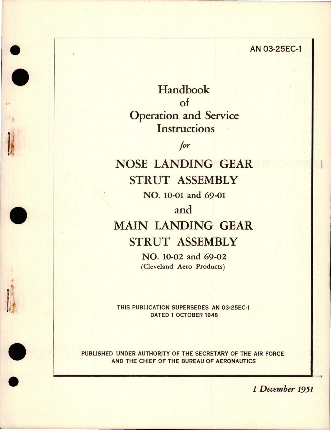Sample page 1 from AirCorps Library document: Operation and Service Instructions for Nose Landing Gear and Main Landing Gear Strut Assembly