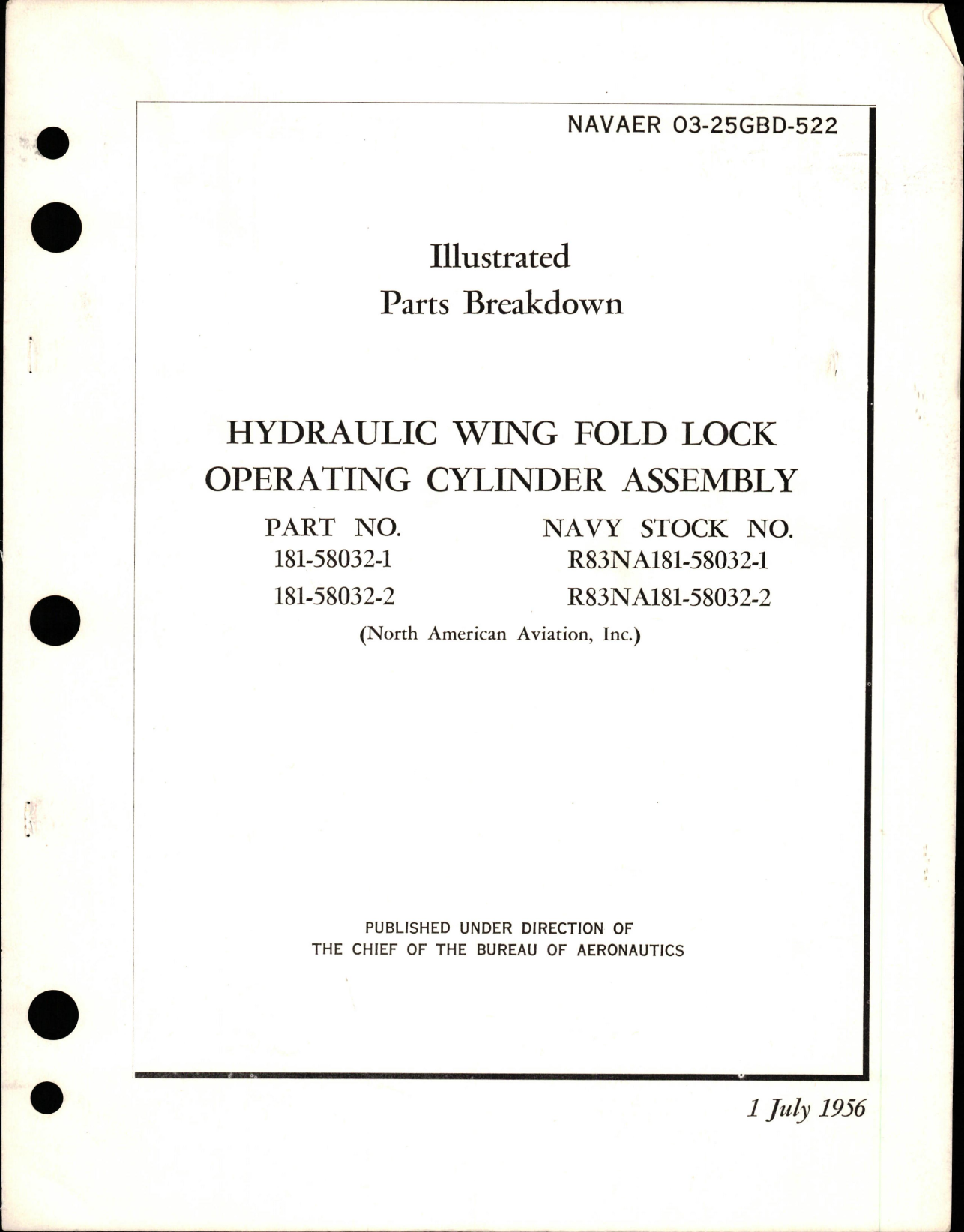 Sample page 1 from AirCorps Library document: Illustrated Parts Breakdown for Hydraulic Wing Fold Lock Operating Cylinder Assembly - Part 181-58032-1 and 181-58032-2