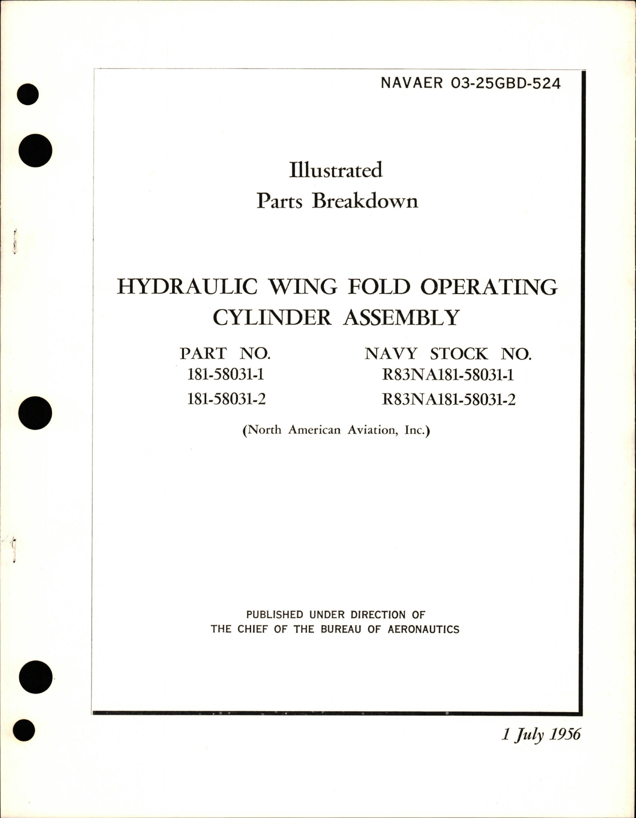Sample page 1 from AirCorps Library document: Illustrated Parts Breakdown for Hydraulic Wing Fold Operating Cylinder Assembly - Parts 181-58031-1 and 181-58031-2 