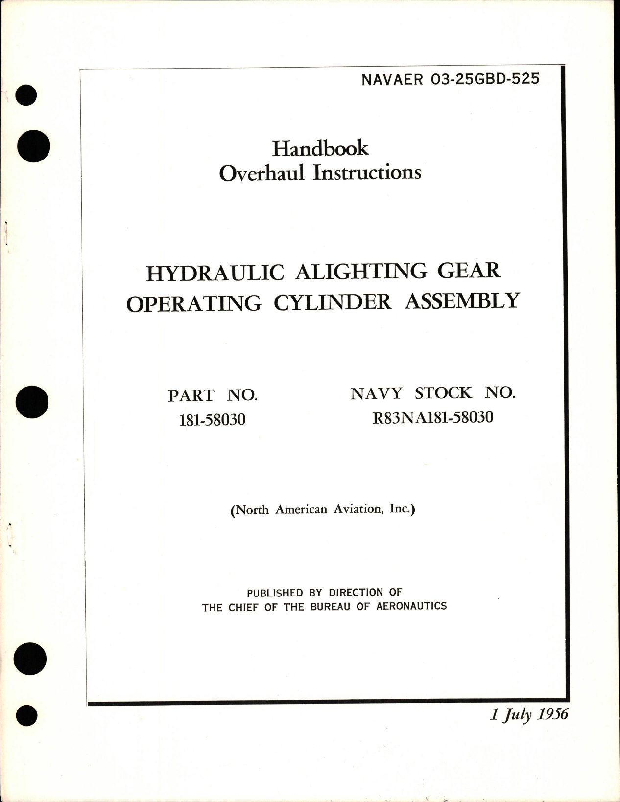 Sample page 1 from AirCorps Library document: Overhaul Instructions for Hydraulic Alighting Gear Operating Cylinder Assy - Part 181-58030 