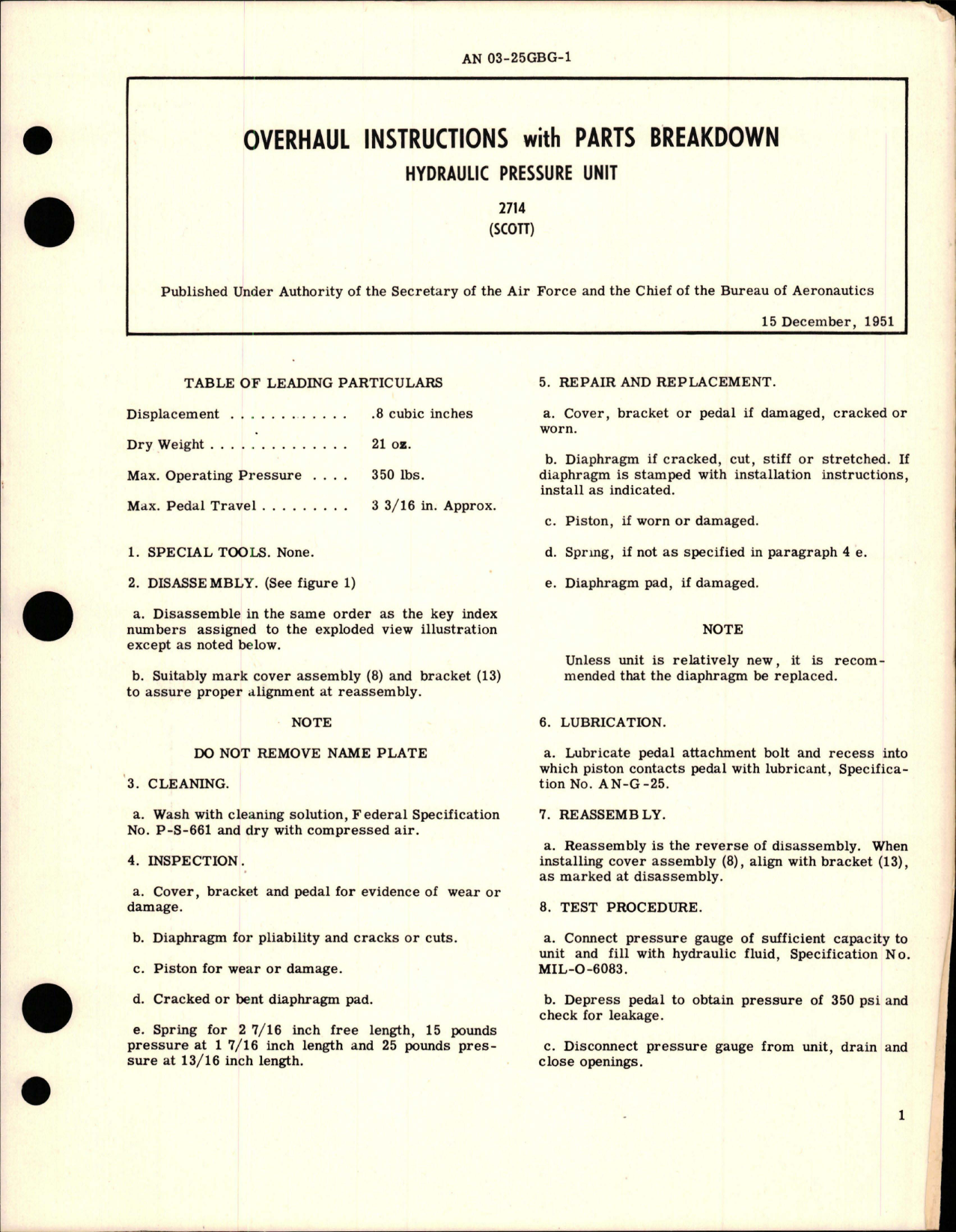 Sample page 1 from AirCorps Library document: Overhaul Instructions with Parts Breakdown for Hydraulic Pressure Unit - 2714