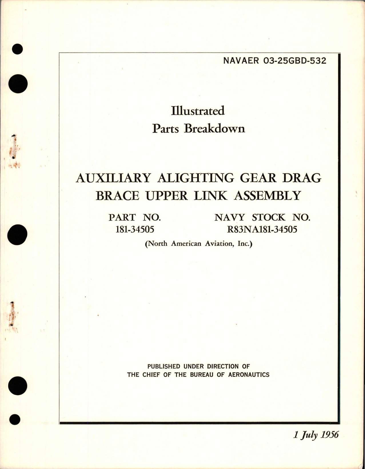 Sample page 1 from AirCorps Library document: Illustrated Parts Breakdown for Auxiliary Alighting Gear Drag Brace Upper Link Assembly - Part 181-34505 