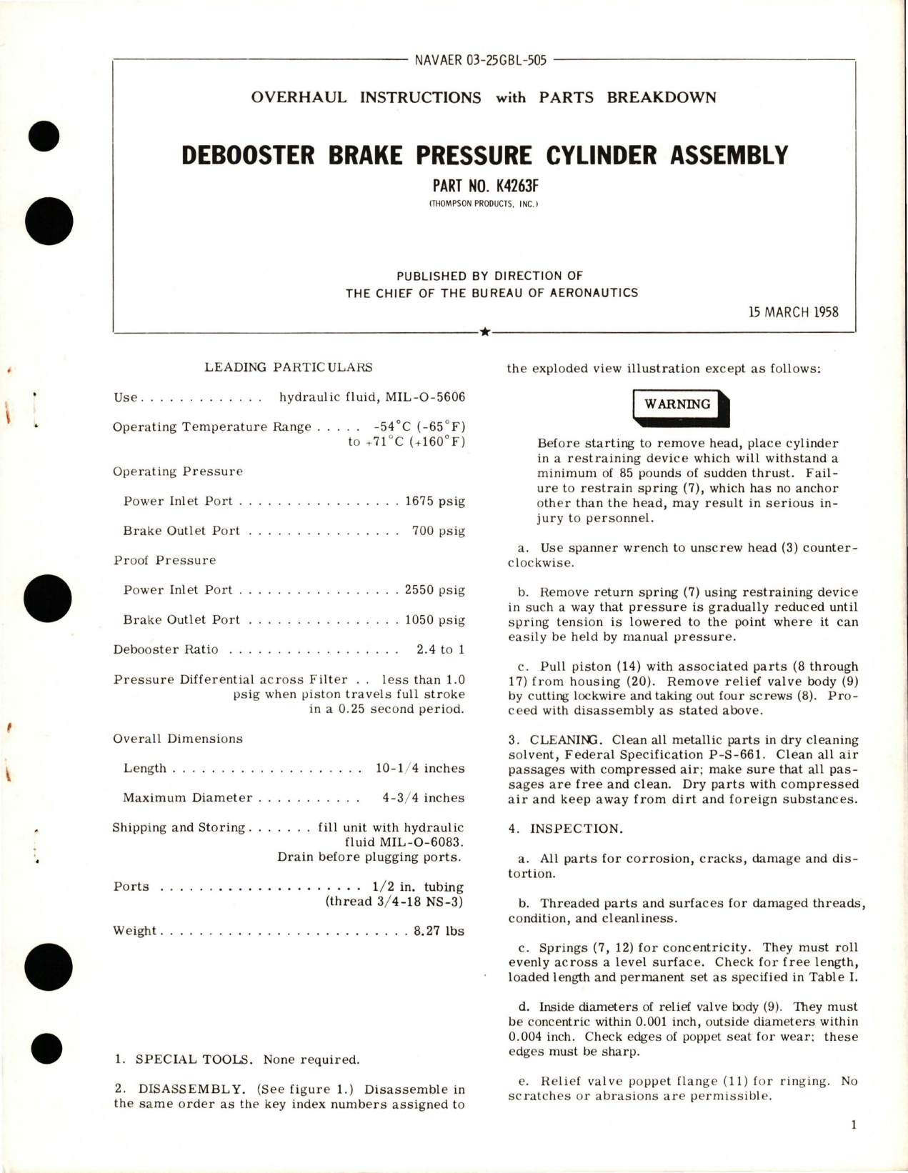 Sample page 1 from AirCorps Library document: Overhaul Instructions with Parts Breakdown for Debooster Brake Pressure Cylinder Assembly - Part K4263F 