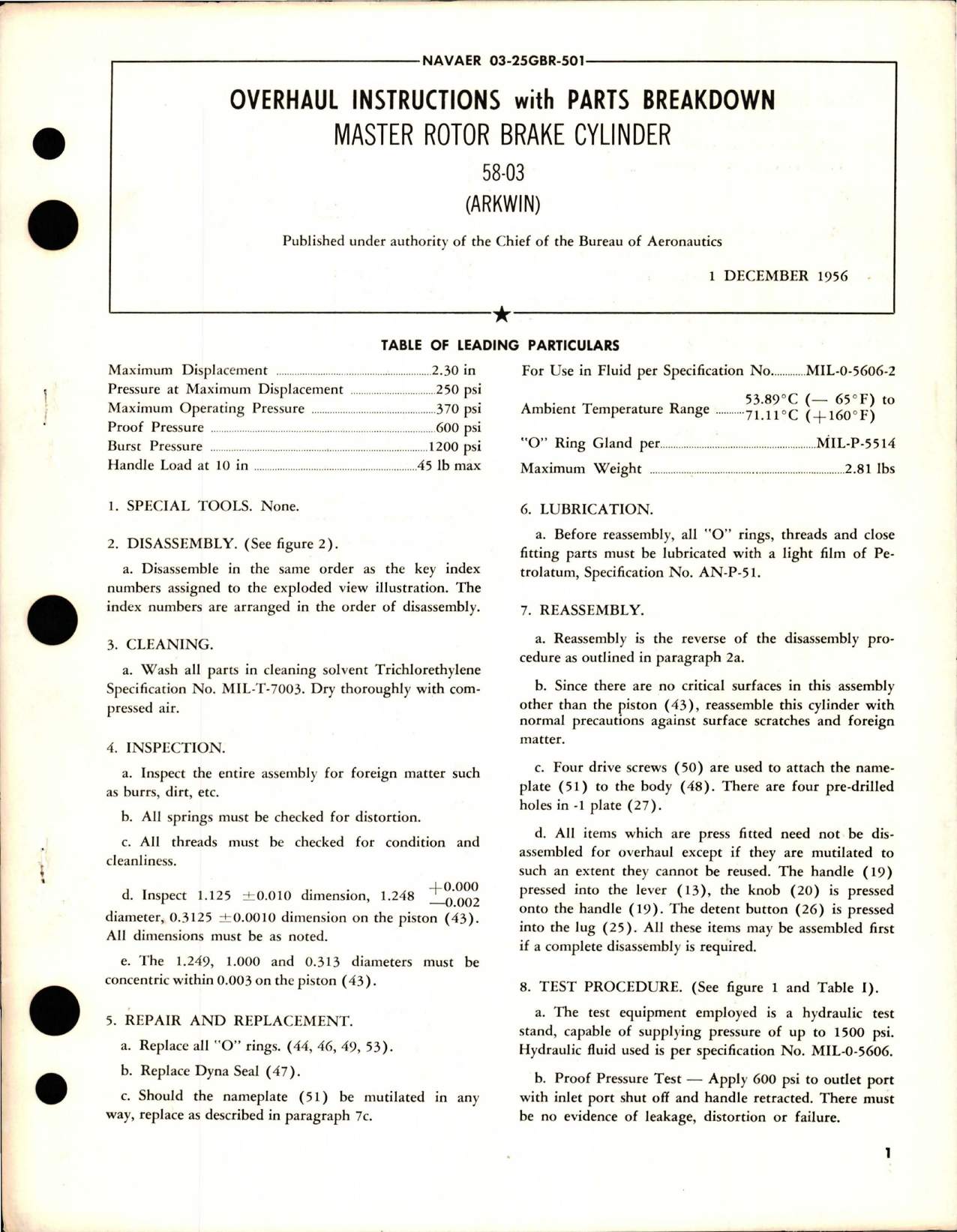 Sample page 1 from AirCorps Library document: Overhaul Instructions with Parts Breakdown for Master Rotor Brake Cylinder - 58-03 